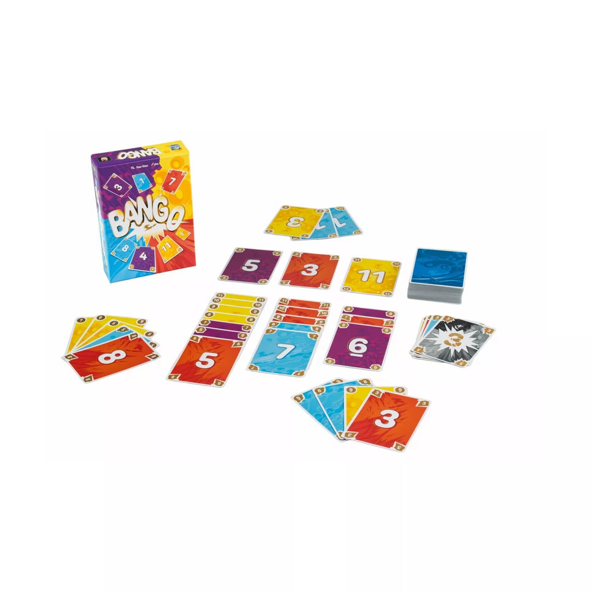 A Bango társasjáték teljes tartalma kiterítve: a doboz, a színes számos kártyák paklija és a játékosok kezében lévő lapok. A kép jól szemlélteti a játék felépítését és a különböző színű számsorokat, amelyek a pontgyűjtés alapját képezik.
