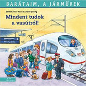 A Barátaim, a járművek: Mindent tudok a vasútról! könyv borítója, amelyen családok és gyerekek szállnak fel egy fehér DB nagysebességű vonatra az állomáson.