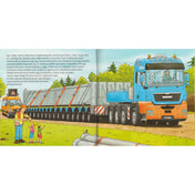 „Barátaim, a járművek – Járművek az építkezésen könyv oldala, hatalmas kék teherautóval, amely hídépítéshez betonelemeket szállít.”