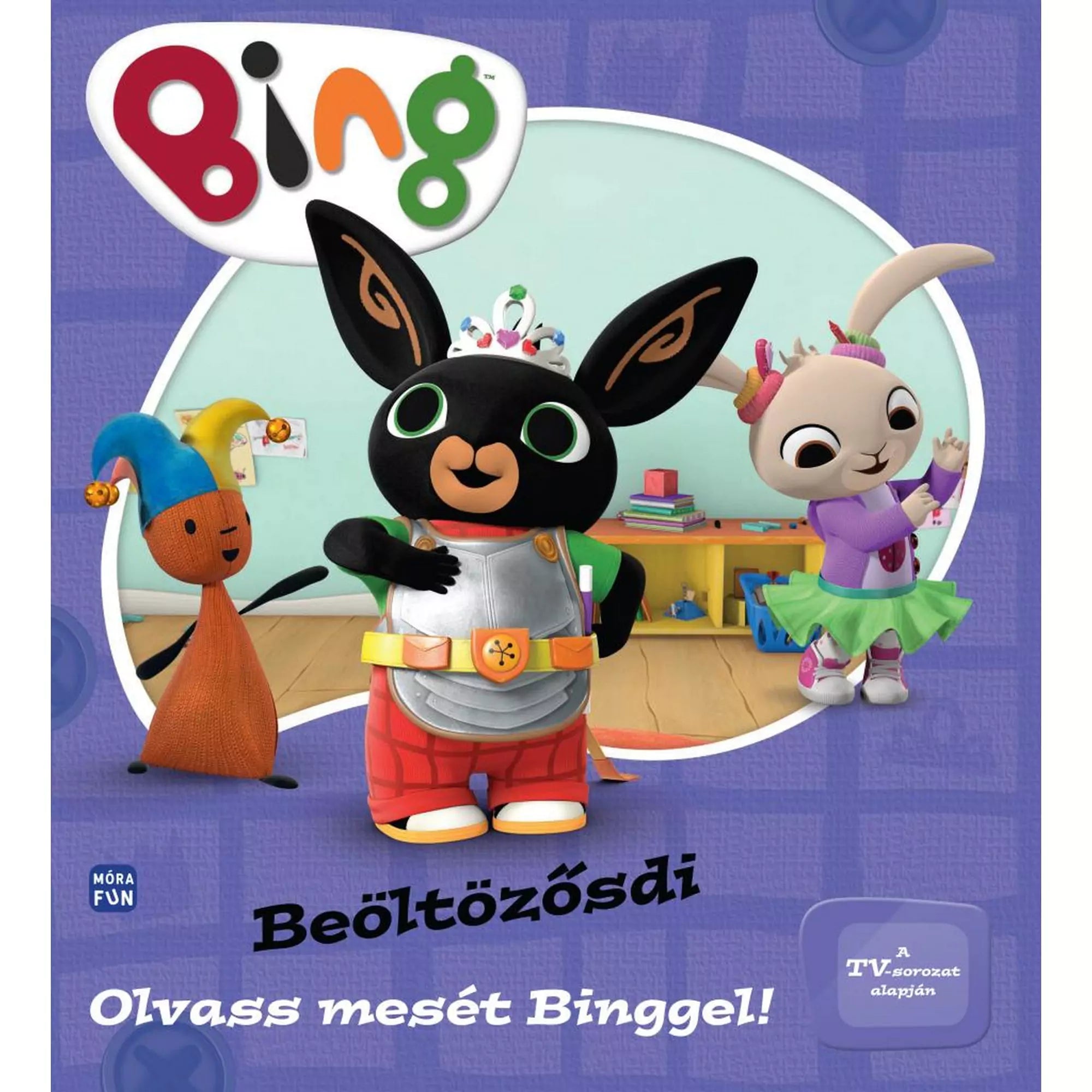 „Bing – Beöltözősdi” című könyv borítója, középen Bing hercegi páncélban és koronával, mellette barátai jelmezben, lila háttérrel.