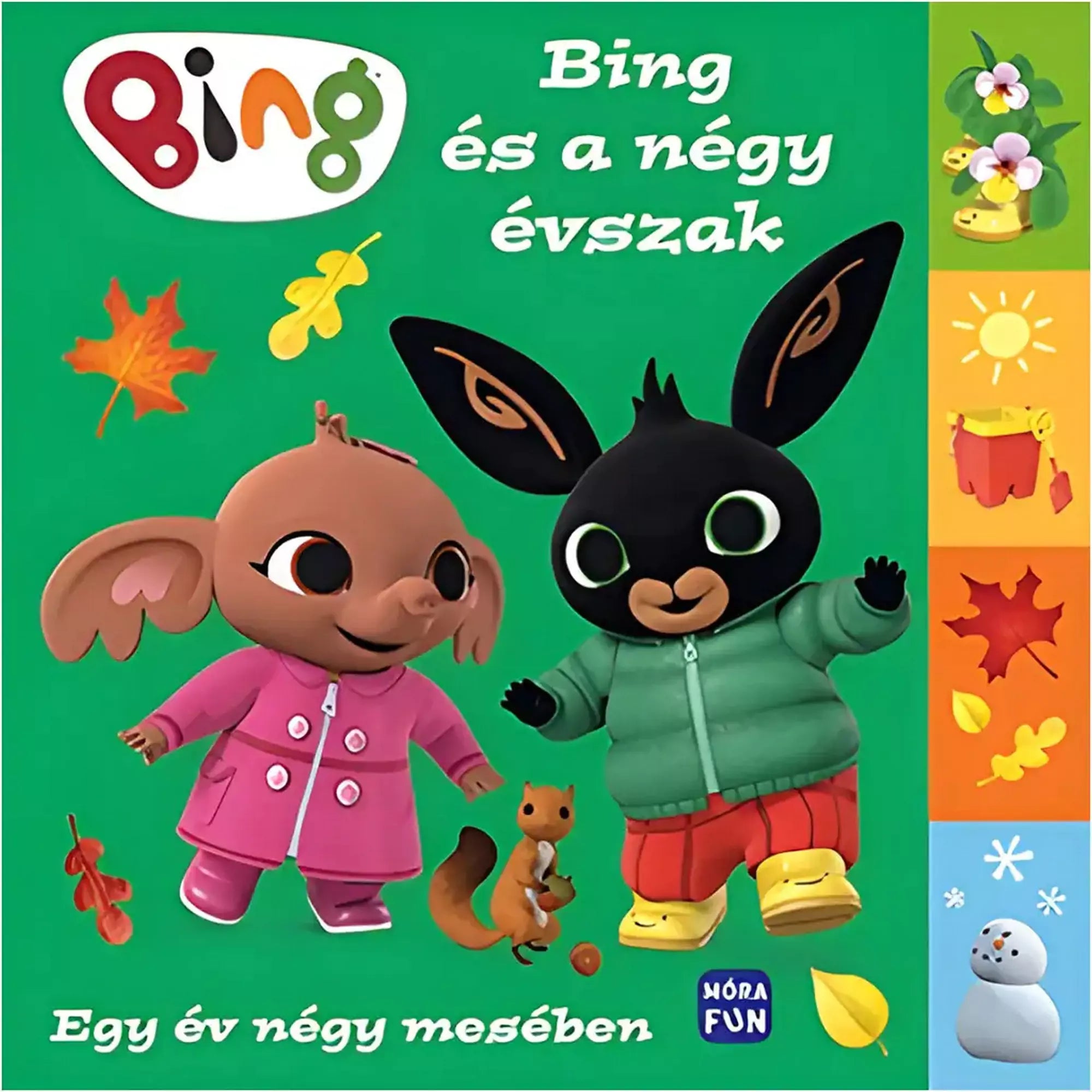 Zöld háttér előtt a "Bing és a négy évszak" könyv borítója, Bing és Sula figuráival, évszakokat jelképező ikonokkal és mókussal.