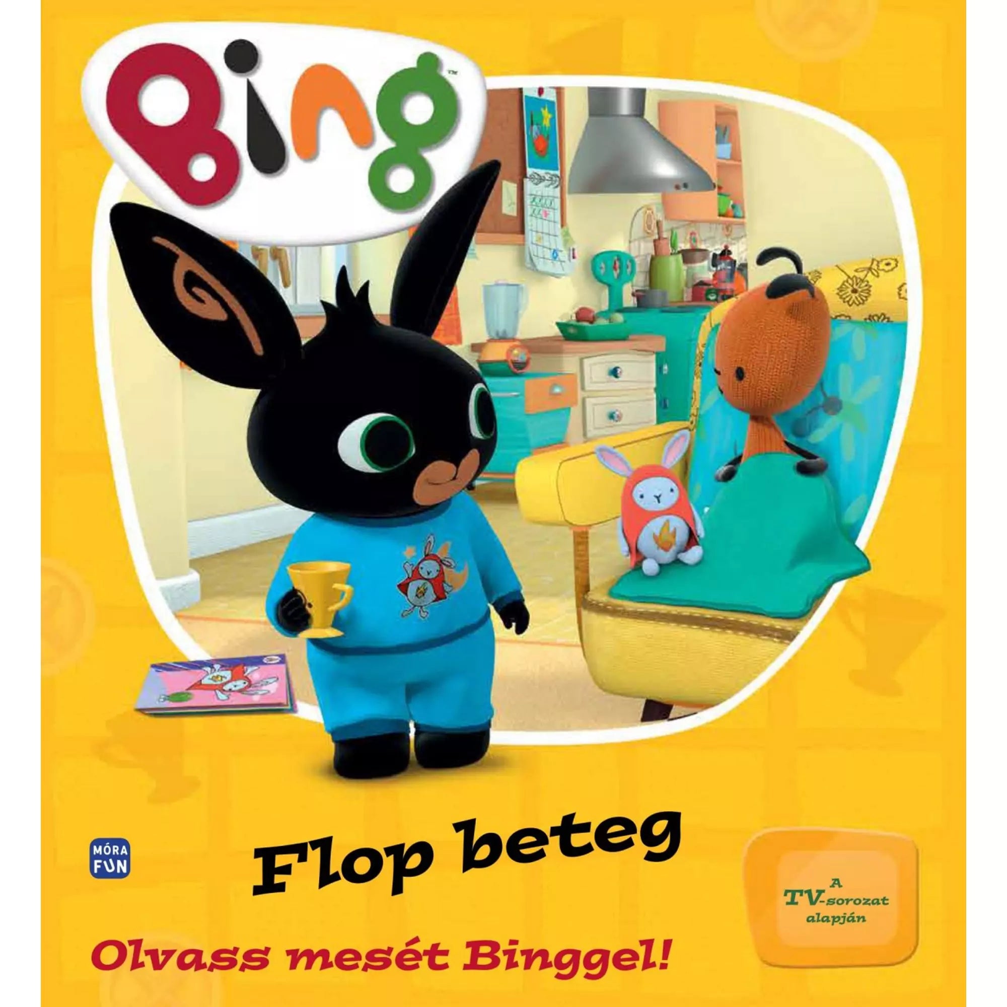 „Bing – Flop beteg” című gyerekkönyv borítója, amelyen Bing, a fekete nyuszi pizsamában egy sárga bögrével áll, miközben Flop takaróval betakarva ül egy fotelben a nappaliban.