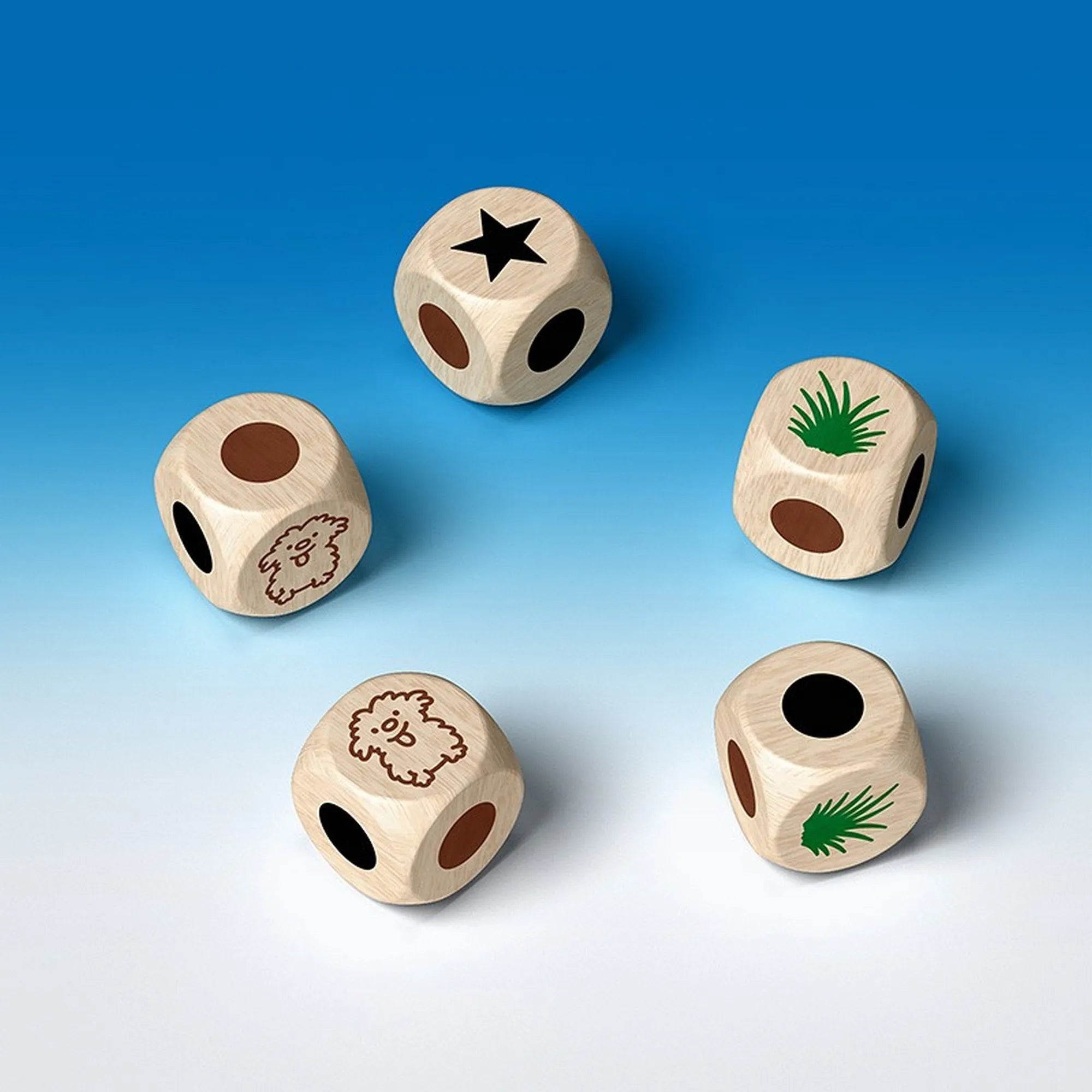 A Bociterelgető társasjáték fa dobókockái mező, csillag, fű és boci ikonokkal.