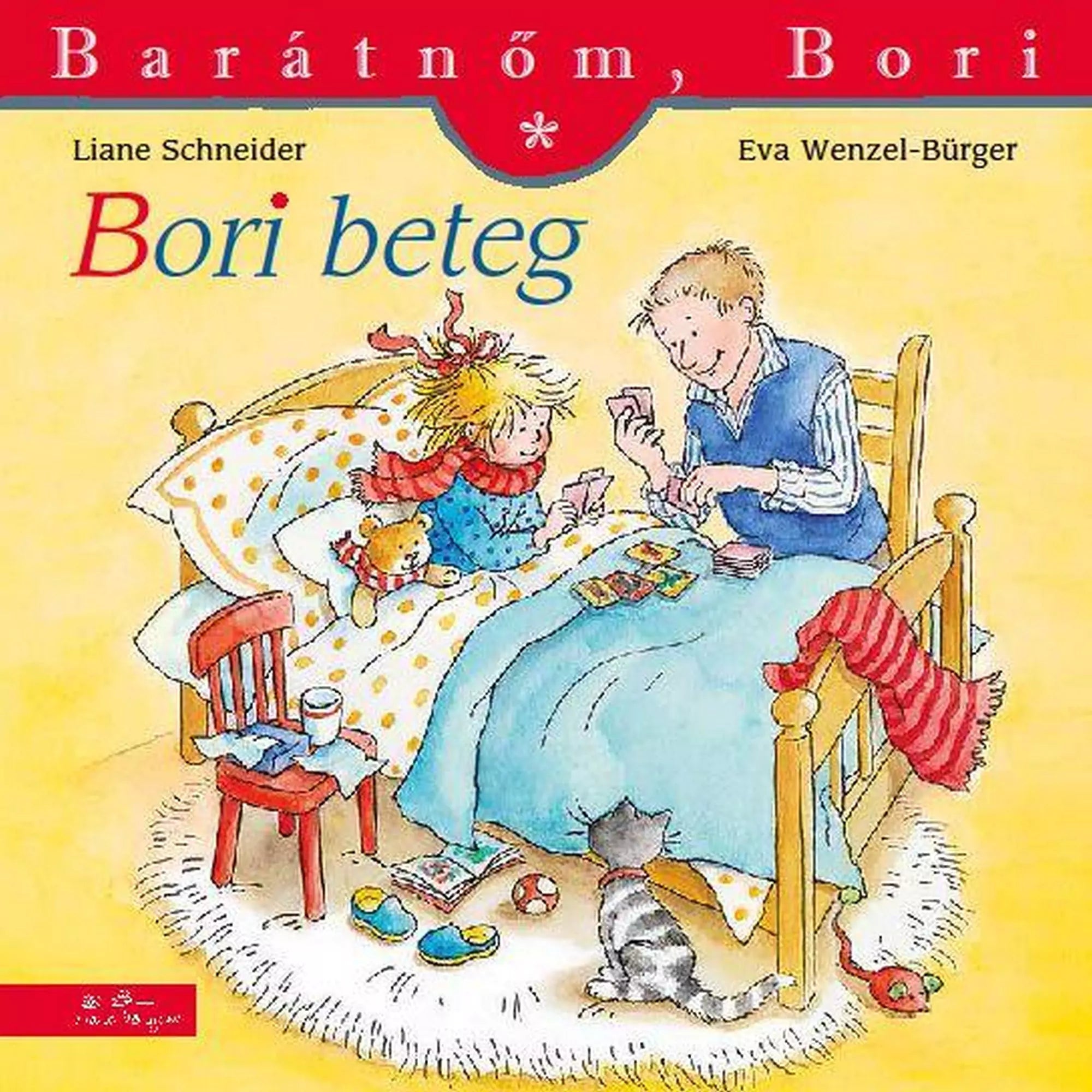 ChatGPT said:
A „Barátnőm, Bori – Bori beteg” könyv borítója, amelyen Bori az ágyban fekszik betakarózva, sálban, mellette apukája kártyázik vele, a földön macska ül.