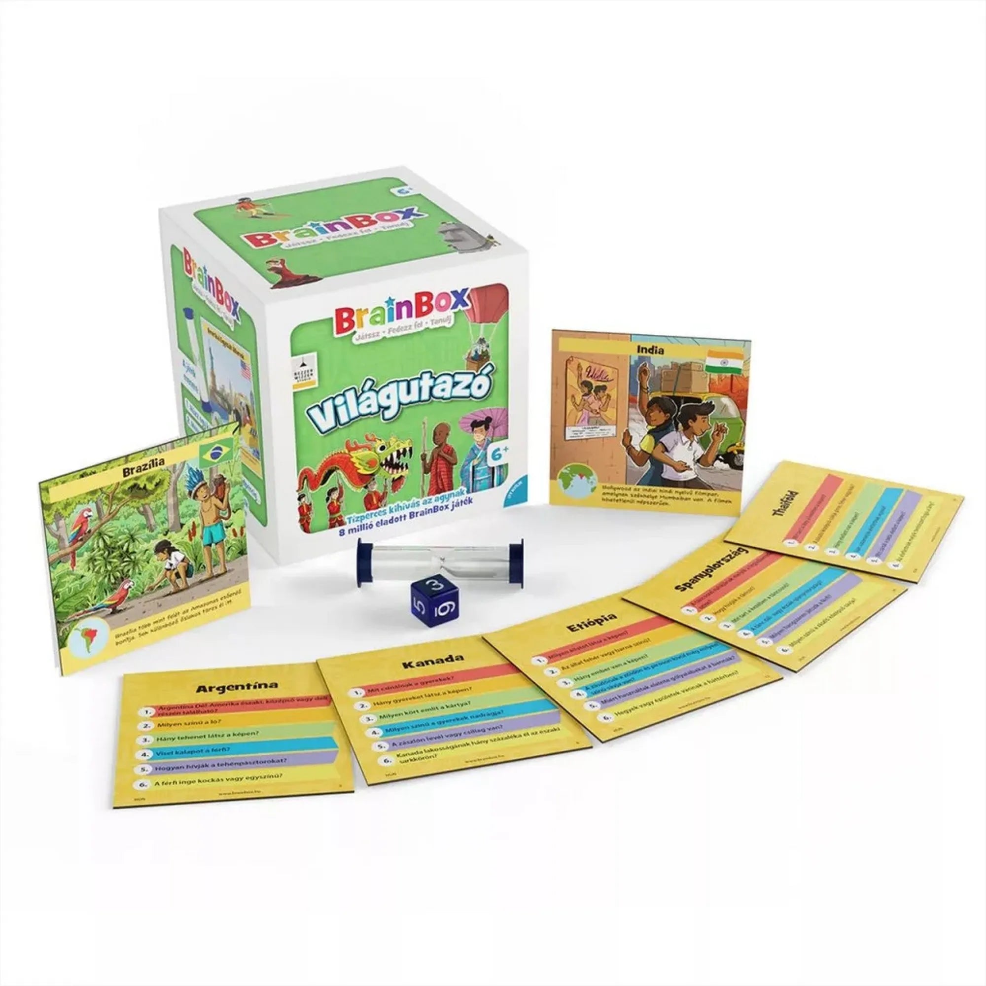 A BrainBox Világutazó társasjáték tartalma: a doboz mellett láthatók az országokat bemutató kártyák, homokóra és dobókocka, színes, tanulságos utazós témájú elemekkel.