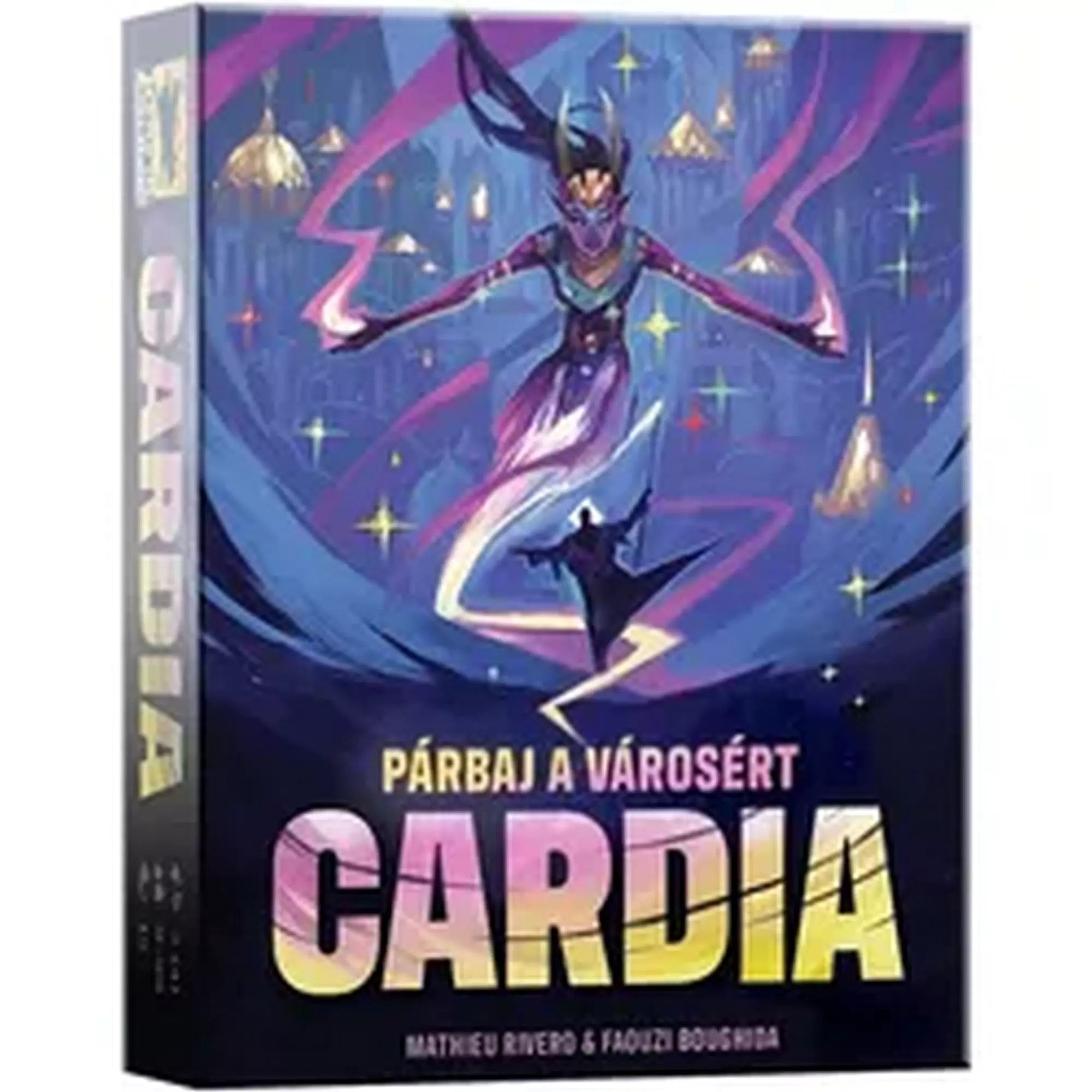 „A Cardia – Párbaj a városért társasjáték doboza, amelyen egy misztikus dzsinn alakja lebeg színes fénysugarak között, háttérben Cardia városának arany kupolái láthatók.”