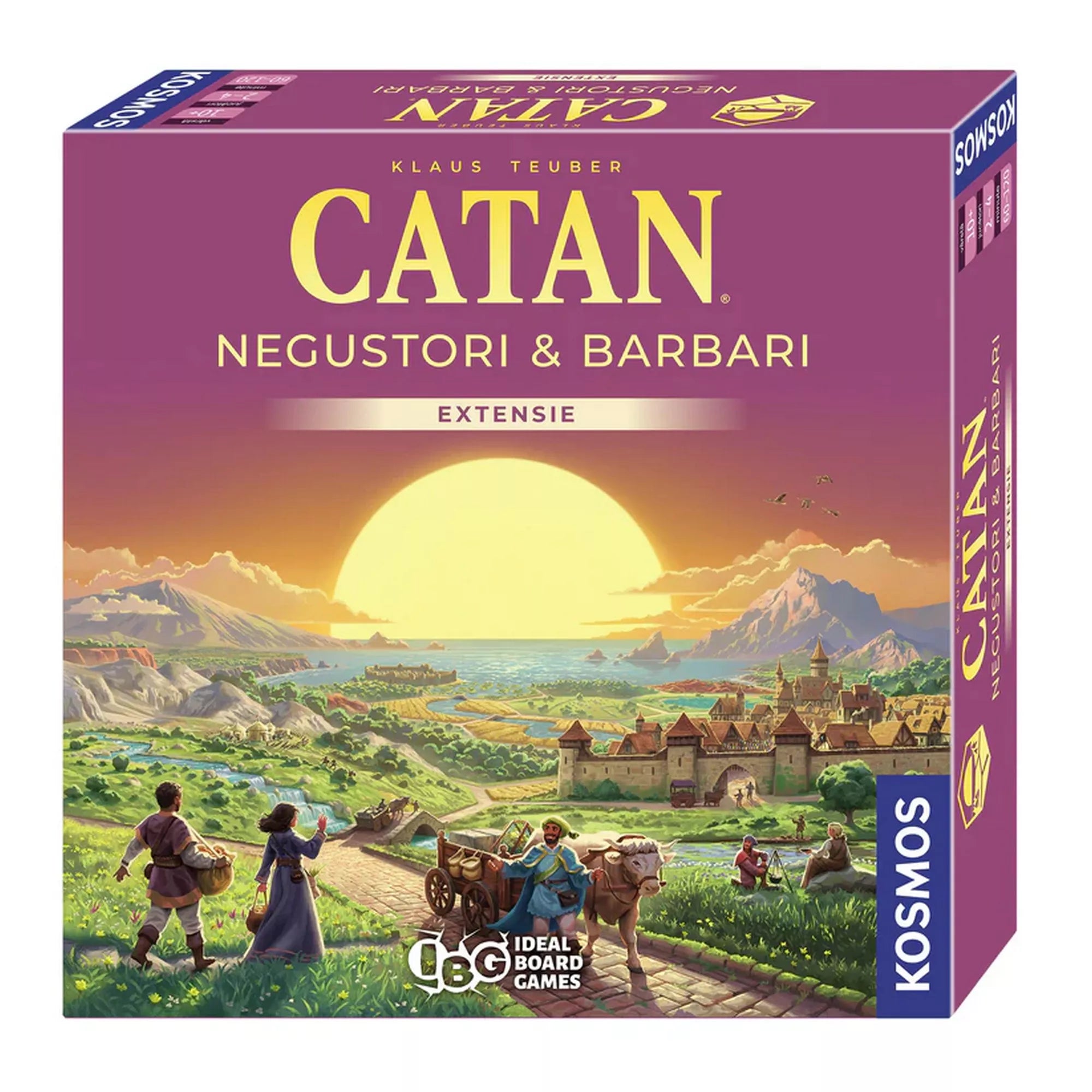A Catan: Negustori și barbari kiegészítő doboza, naplementés tájjal, úton haladó karavánokkal és középkori várossal a háttérben. A borítón a Catan logó és a Kosmos kiadó emblémája látható.