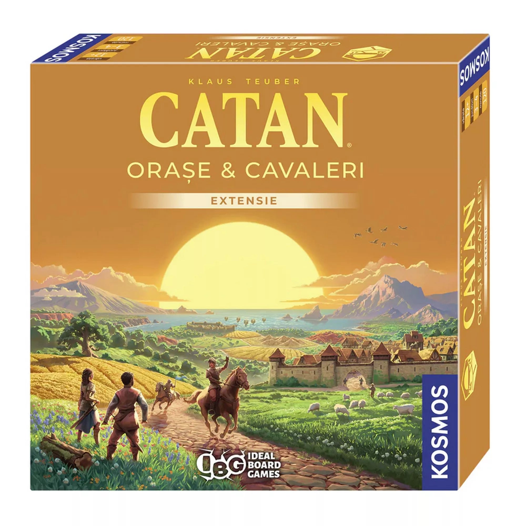 A Catan: Orașe și cavaleri – román nyelvű kiegészítő doboza, amelyen lovagok és telepesek láthatók egy középkori város felé tartva, a háttérben naplementével. A borítón a Catan logó és a Kosmos kiadó emblémája szerepel.