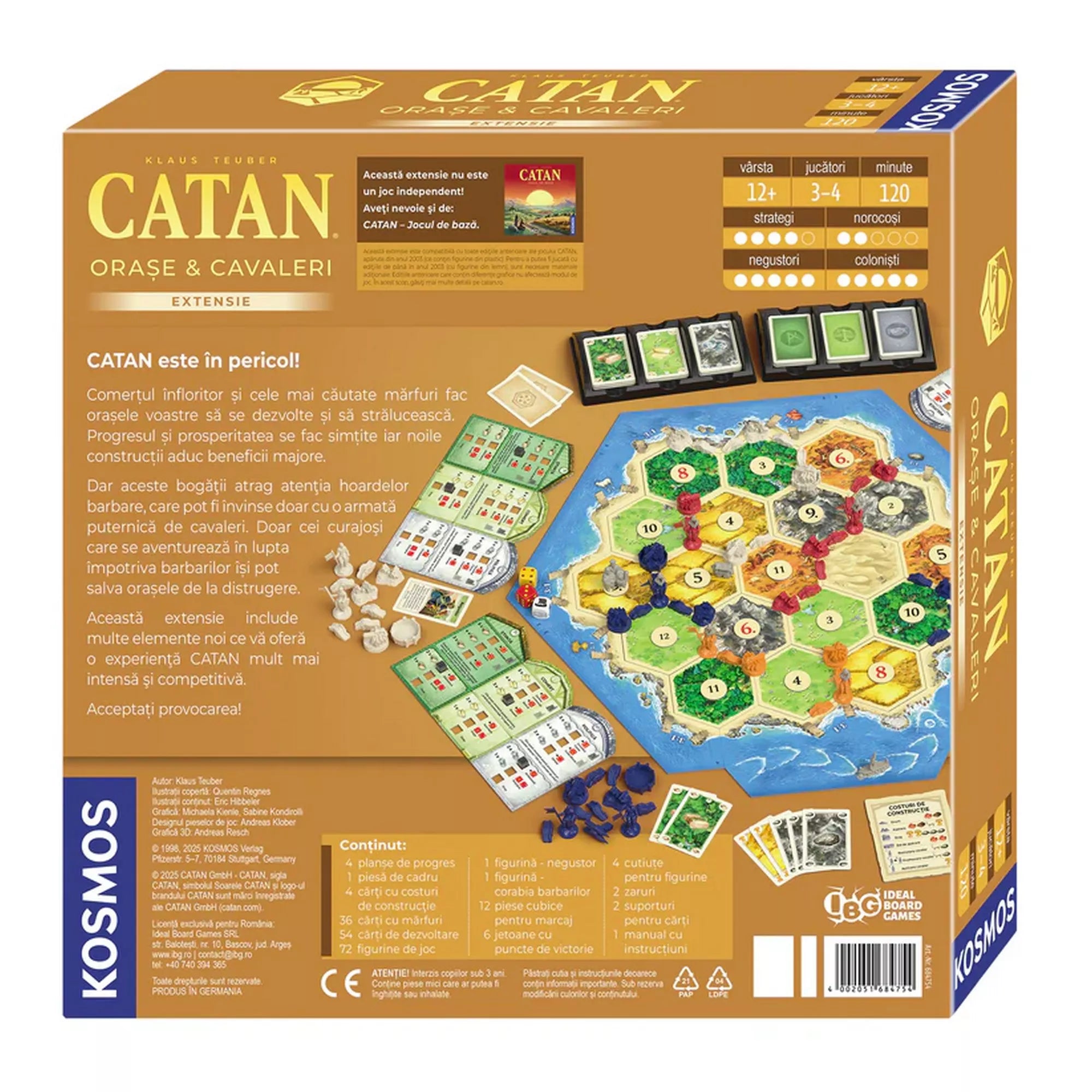 A Catan: Orașe și cavaleri – román nyelvű kiegészítő dobozának hátoldala, amely bemutatja a játéktáblát, a komponenseket és a leírást román nyelven. Láthatók a kártyák, figurák és a Kosmos logó is.
