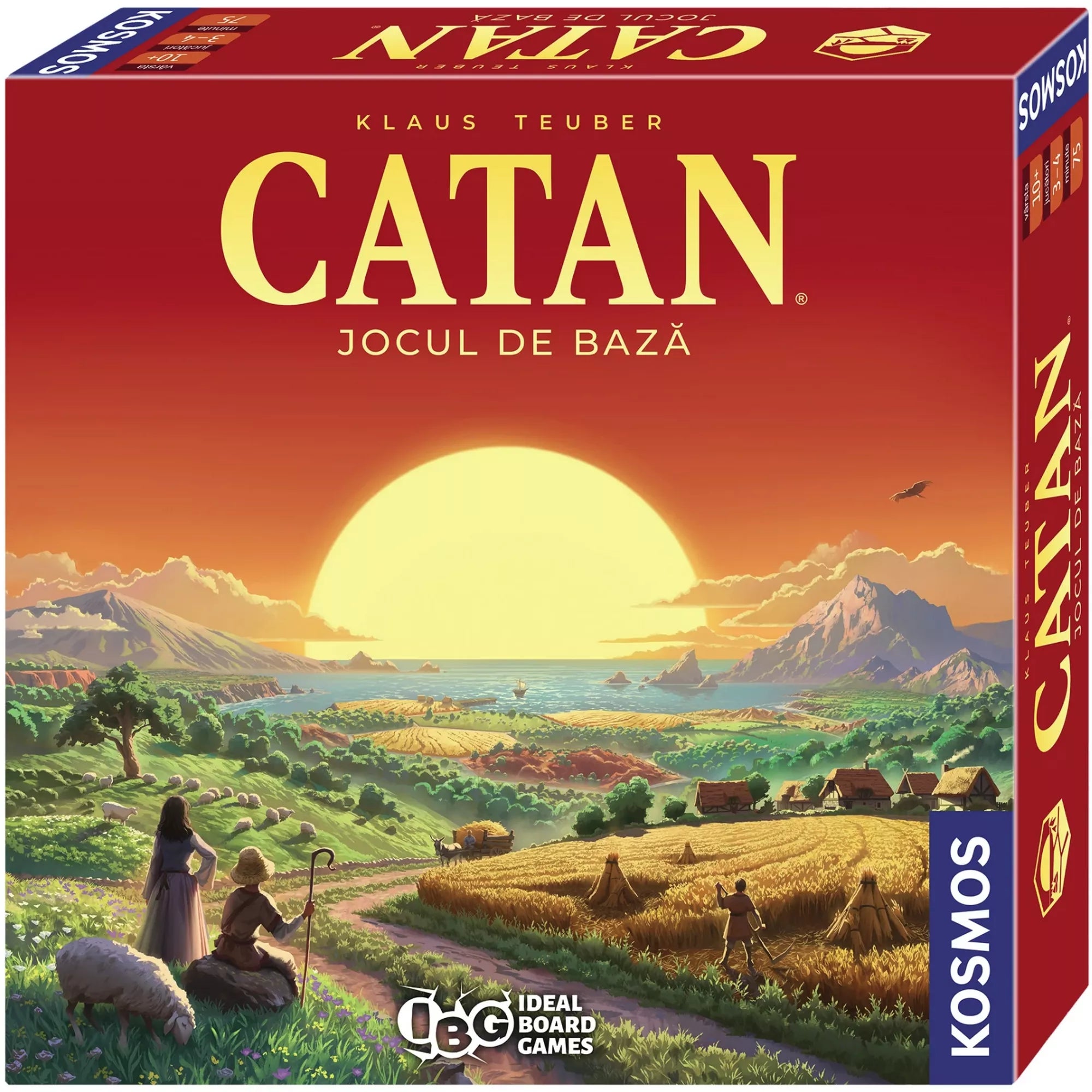 A Catan telepesei Új 2025-ös román nyelvű kiadásának doboza. A borítón naplementés táj látható, mezőkkel, hegyekkel és telepesekkel, KOSMOS logóval.