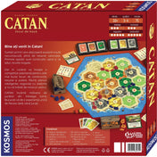 A Catan telepesei román nyelvű kiadásának dobozhátlapja. A játék tartalma, szabályai és elemei láthatók, valamint a játéktábla felépítése és játékleírás.