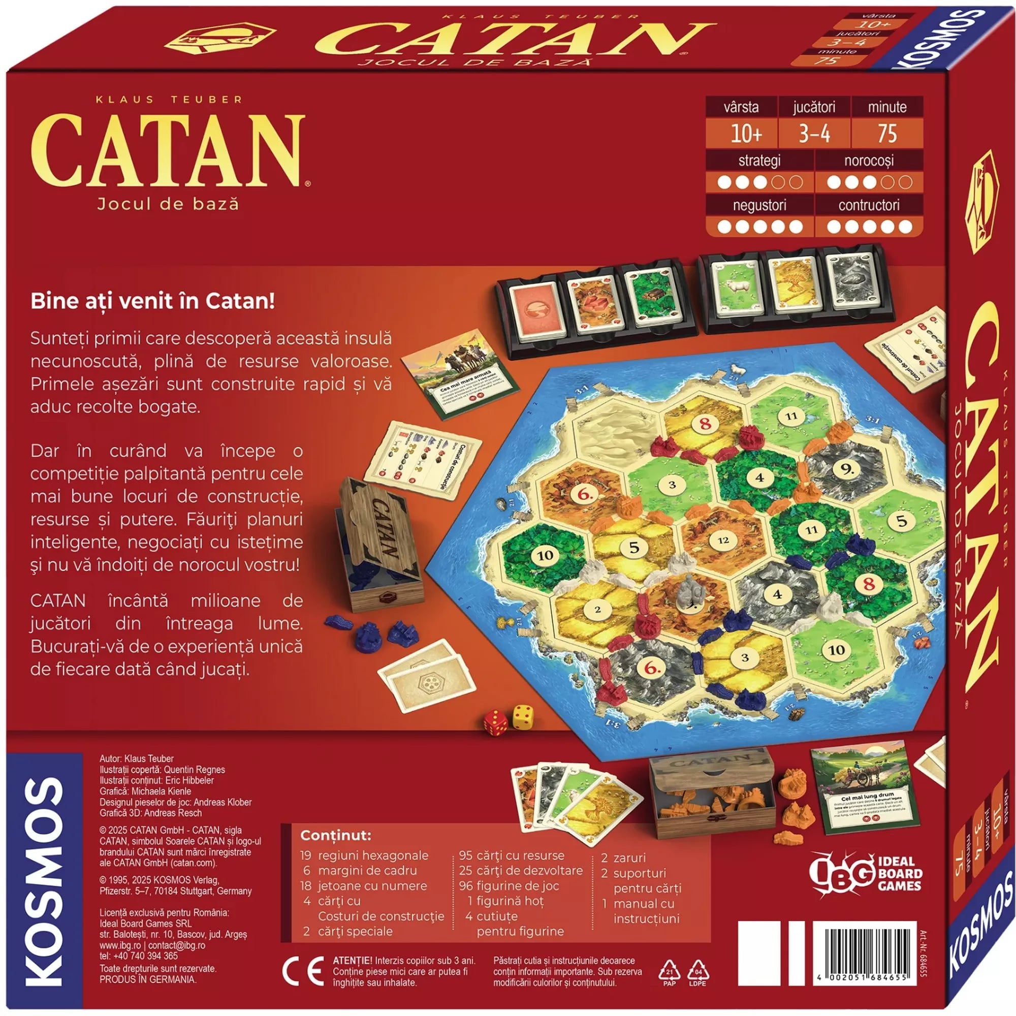 A Catan telepesei román nyelvű kiadásának dobozhátlapja. A játék tartalma, szabályai és elemei láthatók, valamint a játéktábla felépítése és játékleírás.