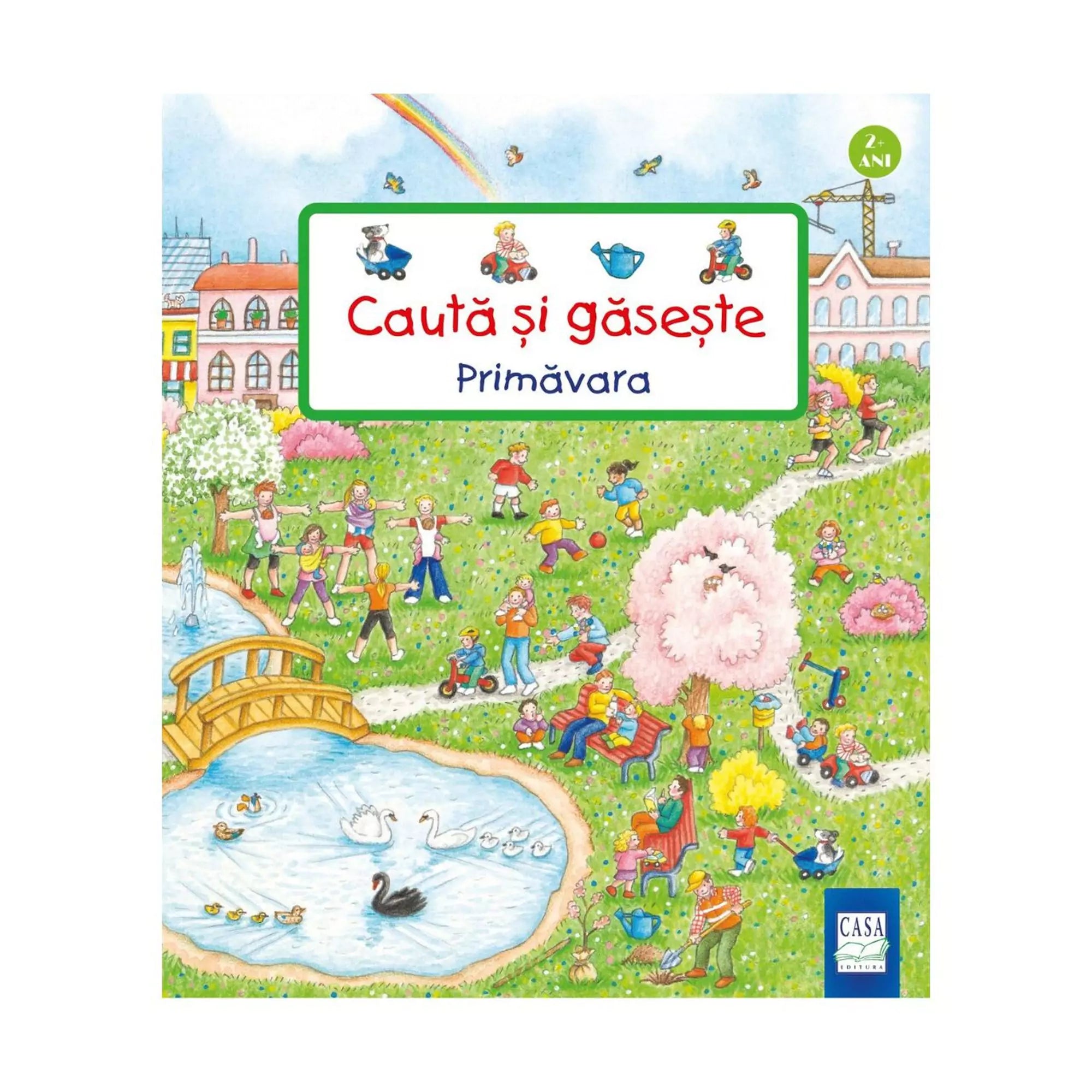 „Caută și găsește, Primăvara” román nyelvű gyerekkönyv borítója, tavaszi parkjelenettel, gyerekekkel, tóval és szivárvánnyal.