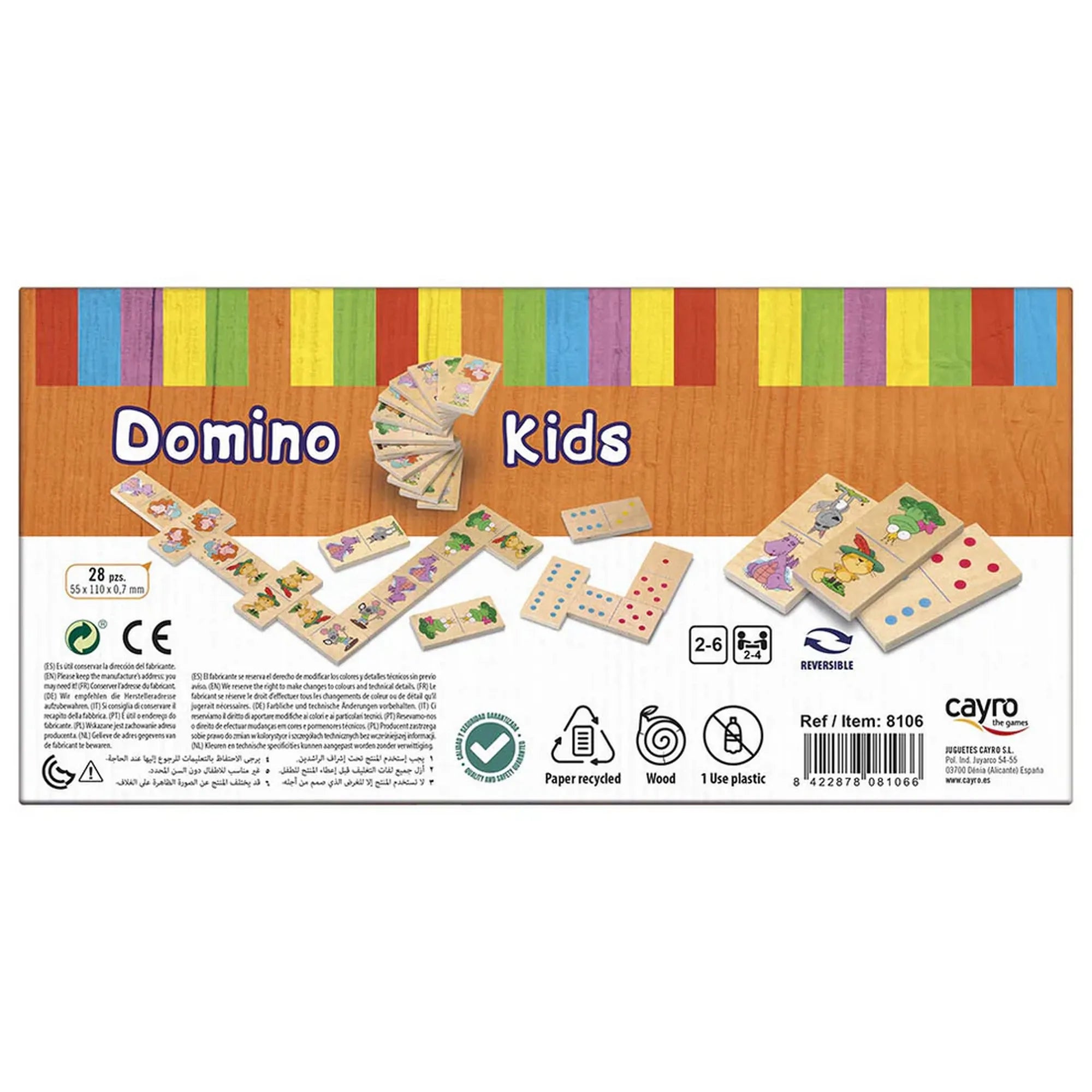 Cayro Domino Kids XL gyerek dominó játék hátoldali dobozképe, dominó lapokkal, játékelrendezéssel és termékinformációkkal.