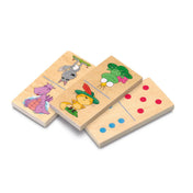 Cayro Domino Kids XL kétoldalas fa dominó lapok közelről, egyik oldalon állatos és mesefigurás illusztrációkkal, másik oldalon színes pontokkal.