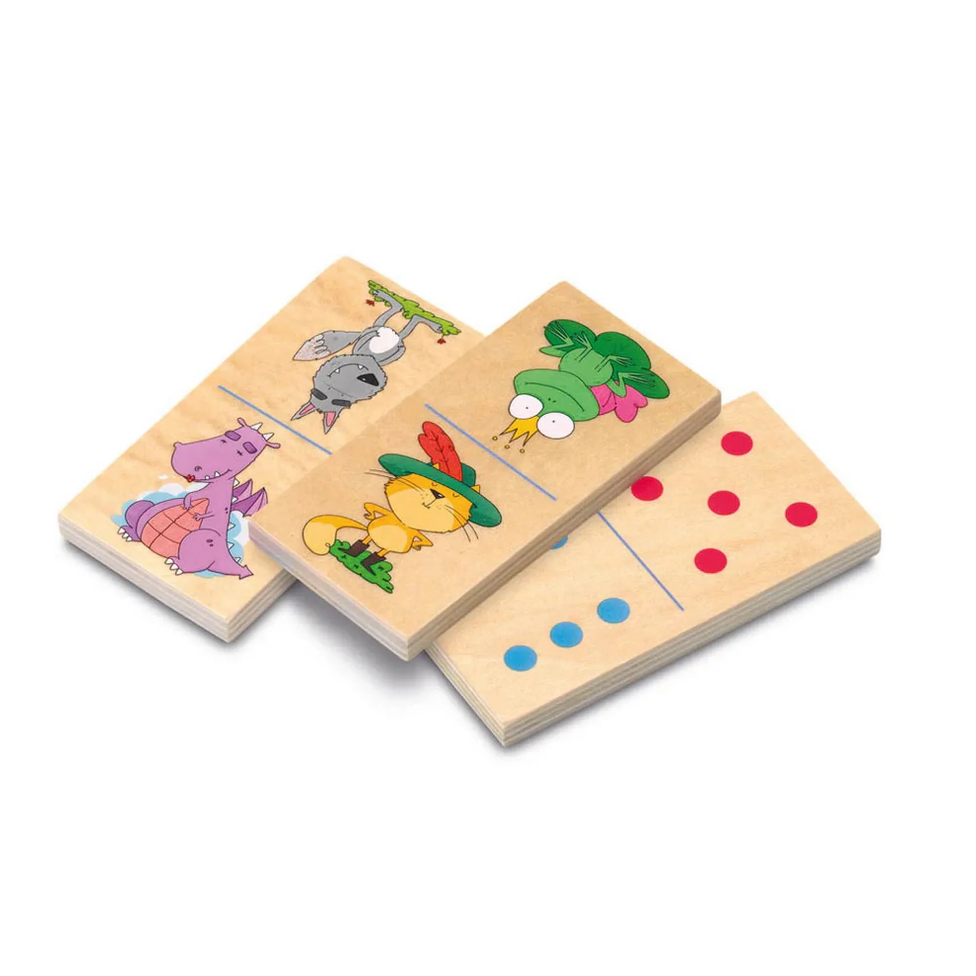 Cayro Domino Kids XL kétoldalas fa dominó lapok közelről, egyik oldalon állatos és mesefigurás illusztrációkkal, másik oldalon színes pontokkal.