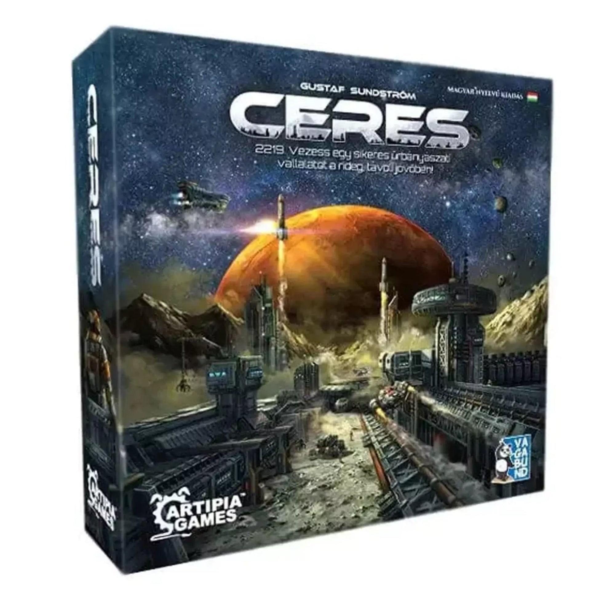 A Ceres társasjáték doboza látványos sci-fi illusztrációval, űrbázissal, a Mars felszínére emlékeztető bolygóval és futurisztikus logóval.