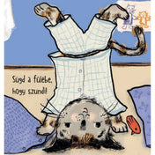 Cicus elalszik – a pizsamás kiscica fejen állva próbál elaludni, körülötte párnák és egy kis piros halacskajáték látható.