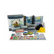 A Civolution társasjáték teljes tartalma kiterítve: játéktábla, moduláris földrészek, paravánok, kártyák, kockák, fafigurák és színes tárolózsákok. A háttérben a doboz borítója is látható.