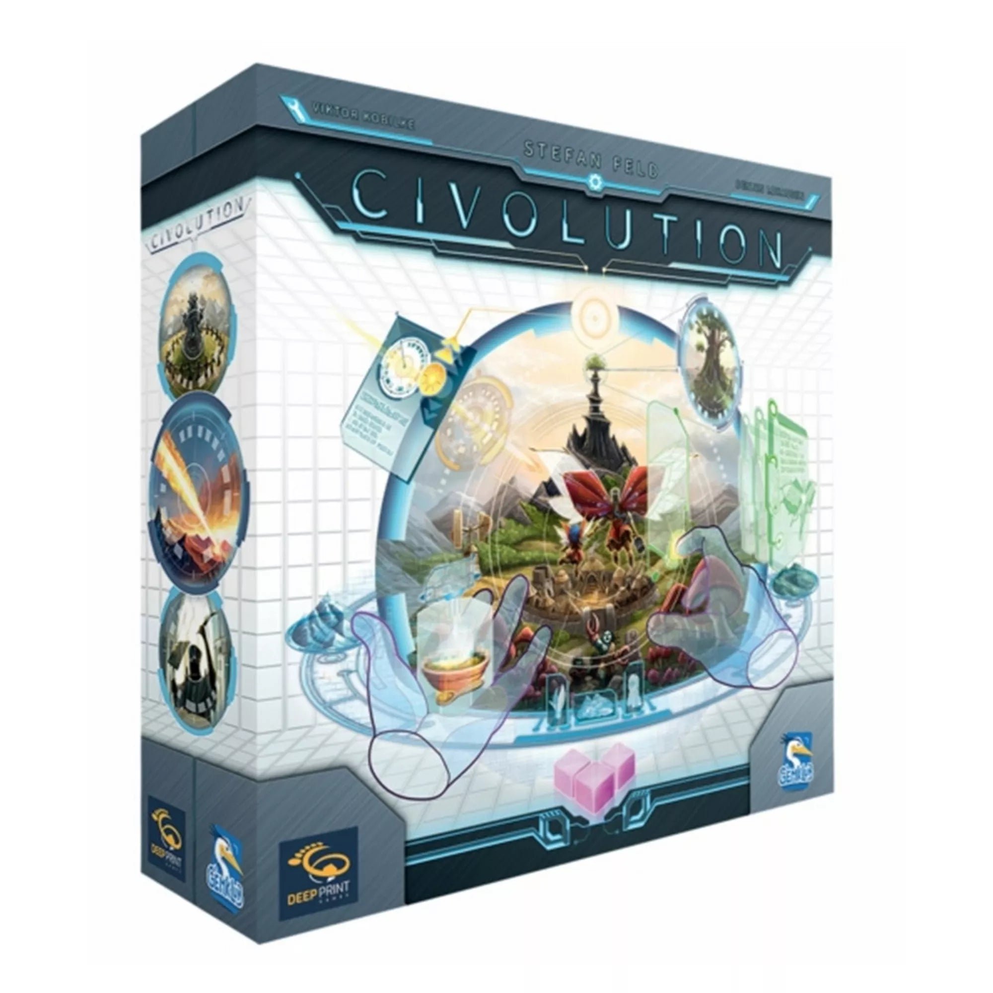 A Civolution stratégiai társasjáték doboza, futurisztikus borítóval. A középen egy lebegő bolygó látható, amelyet holografikus kezek irányítanak, körülötte civilizációkat és technológiai szimbólumokat ábrázoló elemekkel.