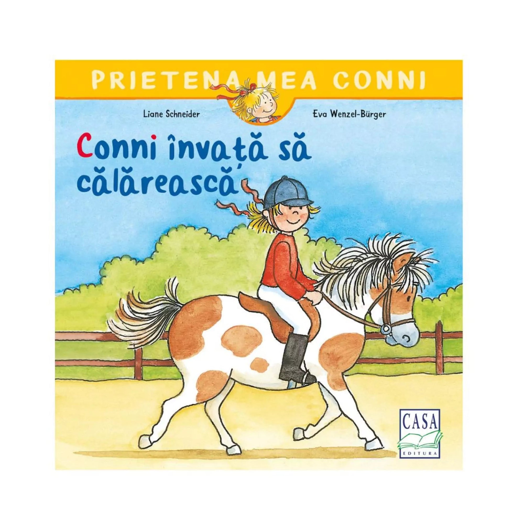A könyvborítón a „Prietena mea Conni – Conni învață să călărească” című gyerekkönyv látható. A rajzolt illusztráción Conni piros felsőben, kobakban ül egy fehér-barna foltos pónin, miközben lovagol a karámban.