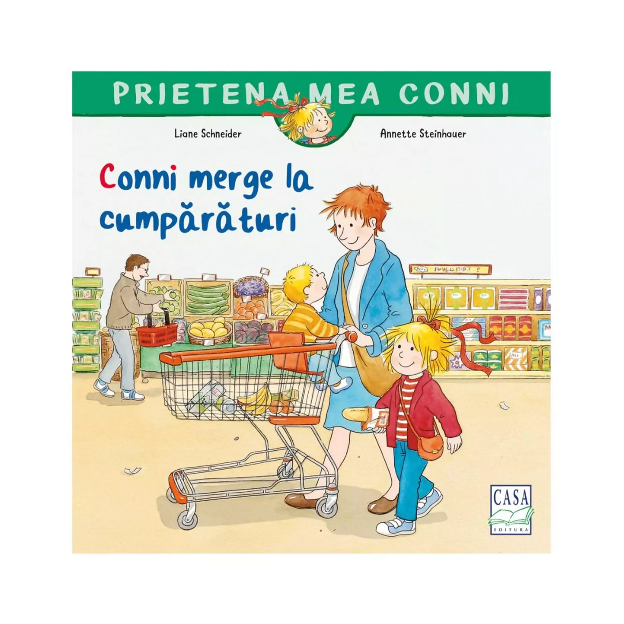 A „Prietena mea Conni – Conni merge la cumpărături” című gyerekkönyv borítóján Conni édesanyjával és kis testvérével vásárol egy szupermarketben. Az anya tolja a bevásárlókocsit, benne zöldségek, gyümölcsök és a kisfiú ül a kosárban.