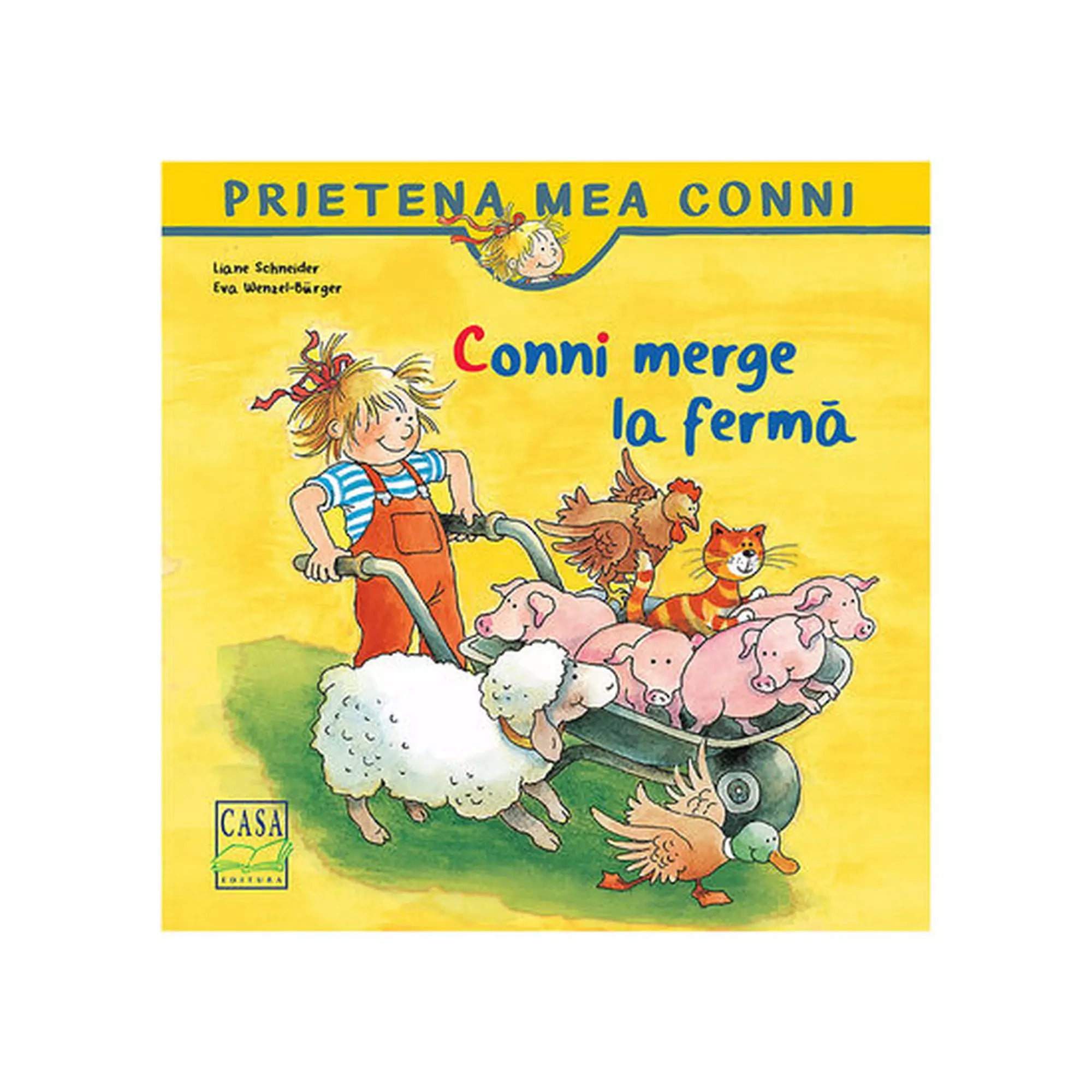 „A Conni merge la fermă (Prietena mea Conni 3.) román nyelvű mesekönyv borítója, amelyen Conni állatokat – bárányt, malacokat, kacsát és macskát – gondoz a farmon.”