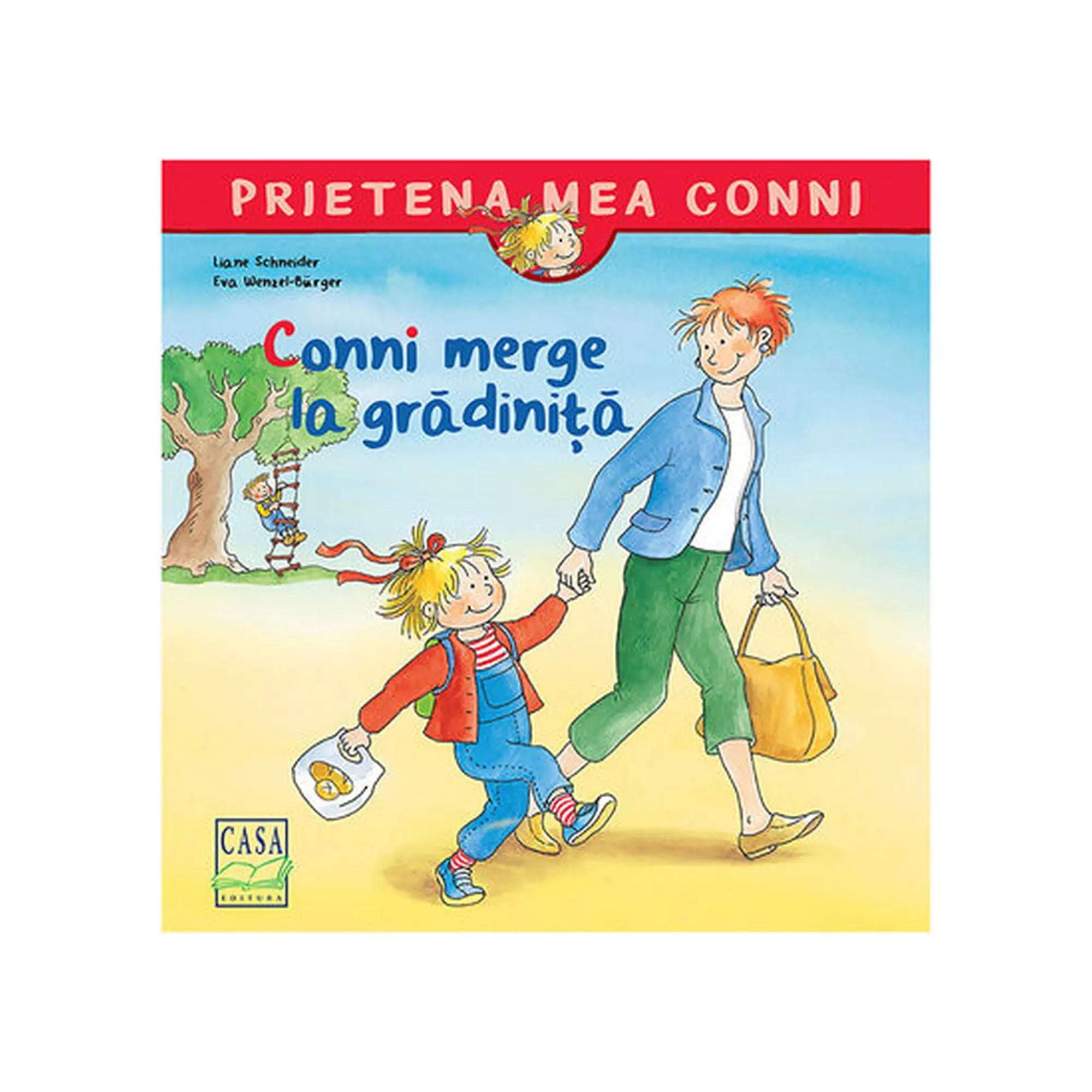 „A Conni merge la grădiniță (Prietena mea Conni) román nyelvű mesekönyv borítója, amelyen Conni vidáman megy apukájával az óvodába, kezében uzsonnás táskával.”