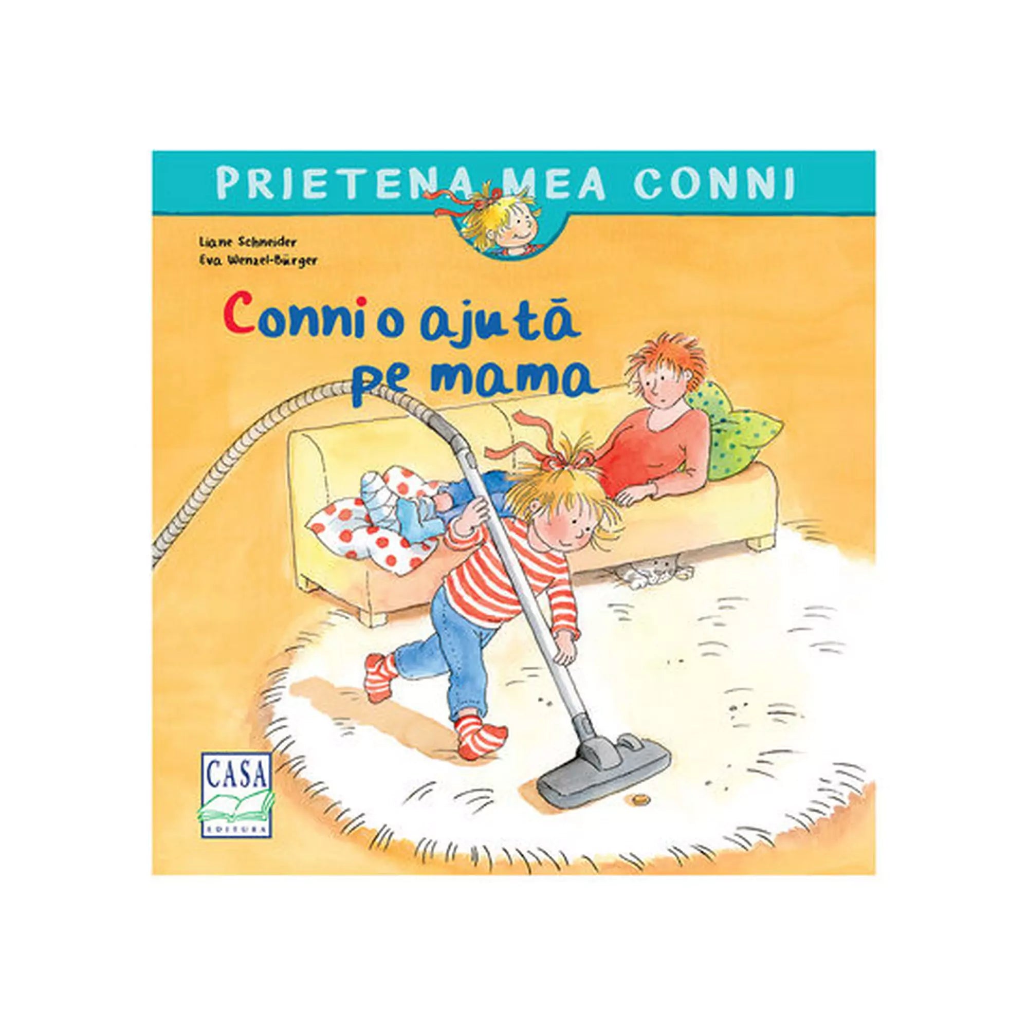 „A Conni o ajută pe mama román nyelvű mesekönyv borítója, amelyen Conni porszívózik, miközben édesanyja a kanapén pihen.”