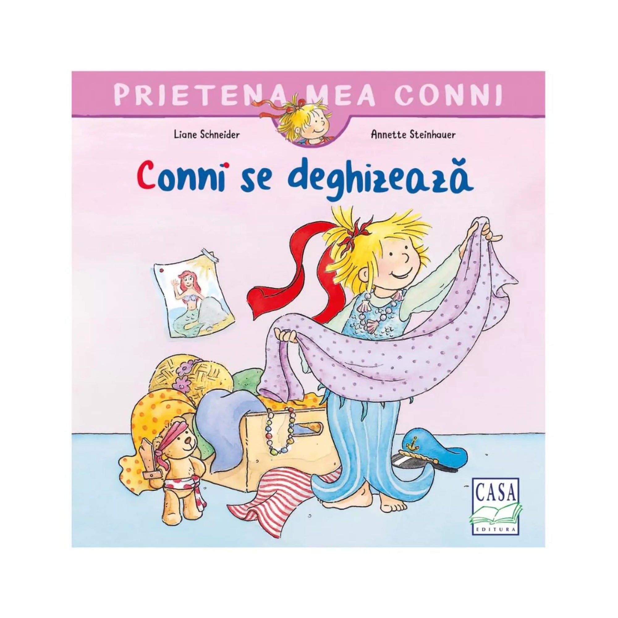 A „Prietena mea Conni – Conni se deghizează” című gyerekkönyv borítóján Conni mosolyogva próbál fel egy lila, pöttyös kendőt. Körülötte színes ruhadarabok, kalap, plüssmackó és ékszerek hevernek a padlón, jelezve a jelmezes játékot. A háttér rózsaszín, felül a sorozat címe szerepel, alul pedig a „CASA Editura” logó látható.