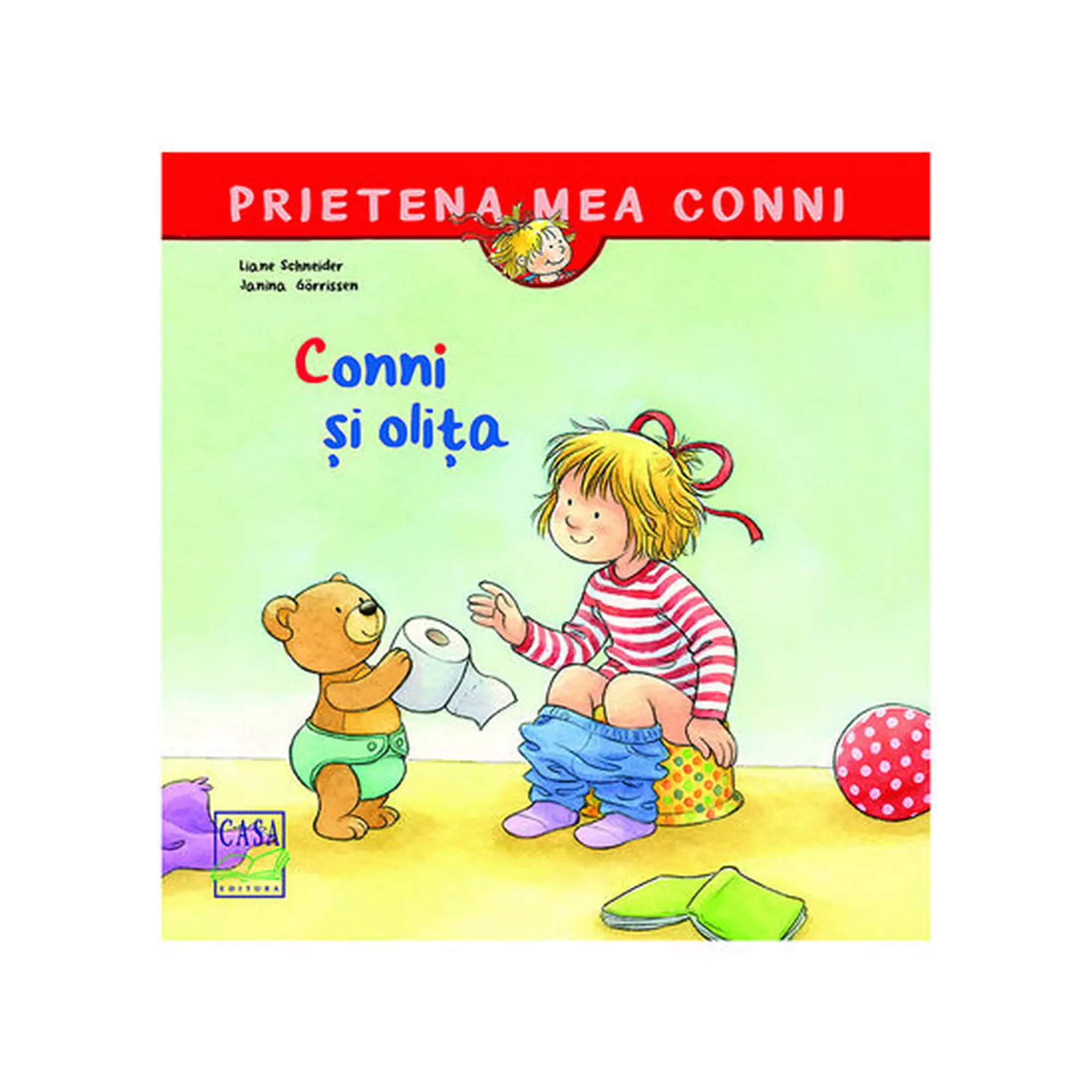 „A Conni și olița (Prietena mea Conni 1.) román nyelvű mesekönyv borítója, amelyen Conni a bili mellett ül, miközben a plüssmackója wc-papírt tart.”