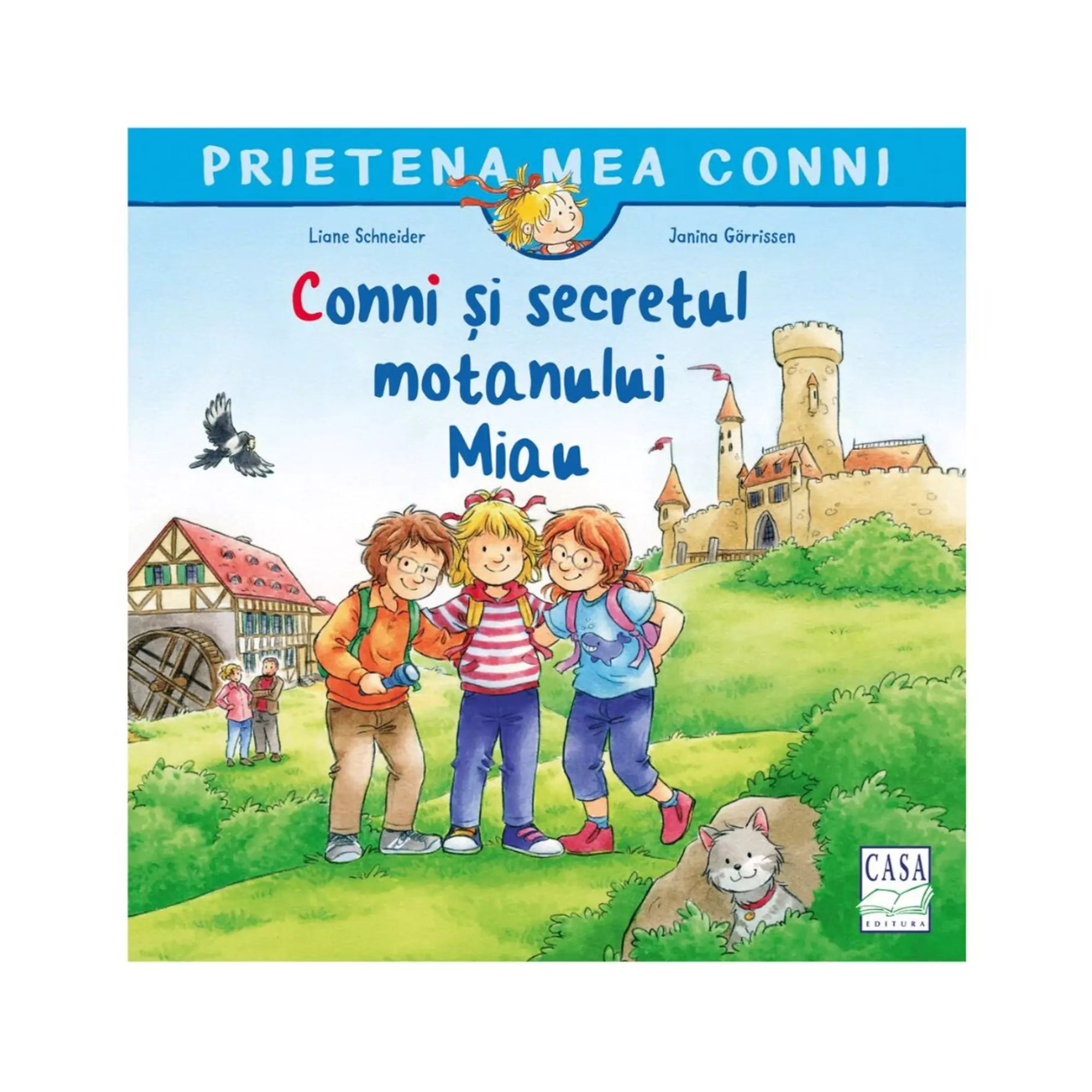 A „Conni și secretul motanului Miau” című könyv borítóján három mosolygó gyerek áll a zöld mezőn, háttérben egy várkastéllyal és egy régi házzal. A jobb sarokban egy szürke macska, Miau, bukkan elő a bokorból.