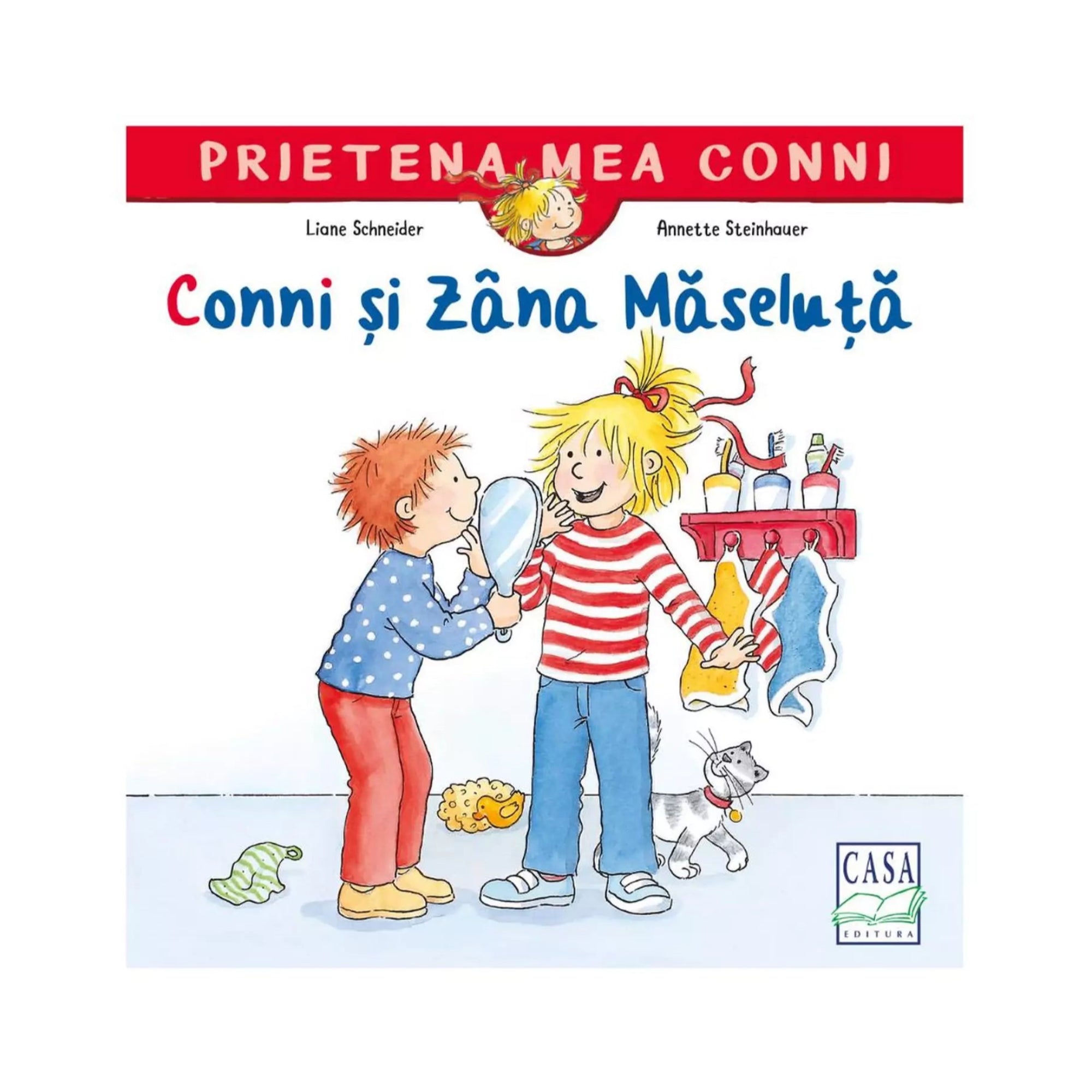 Prietena mea Conni – Conni și Zâna Măseluță könyv borítója, amelyen Conni és egy kisfiú tükörrel játszik a fürdőszobában, háttérben fogkefékkel és törölközőkkel.