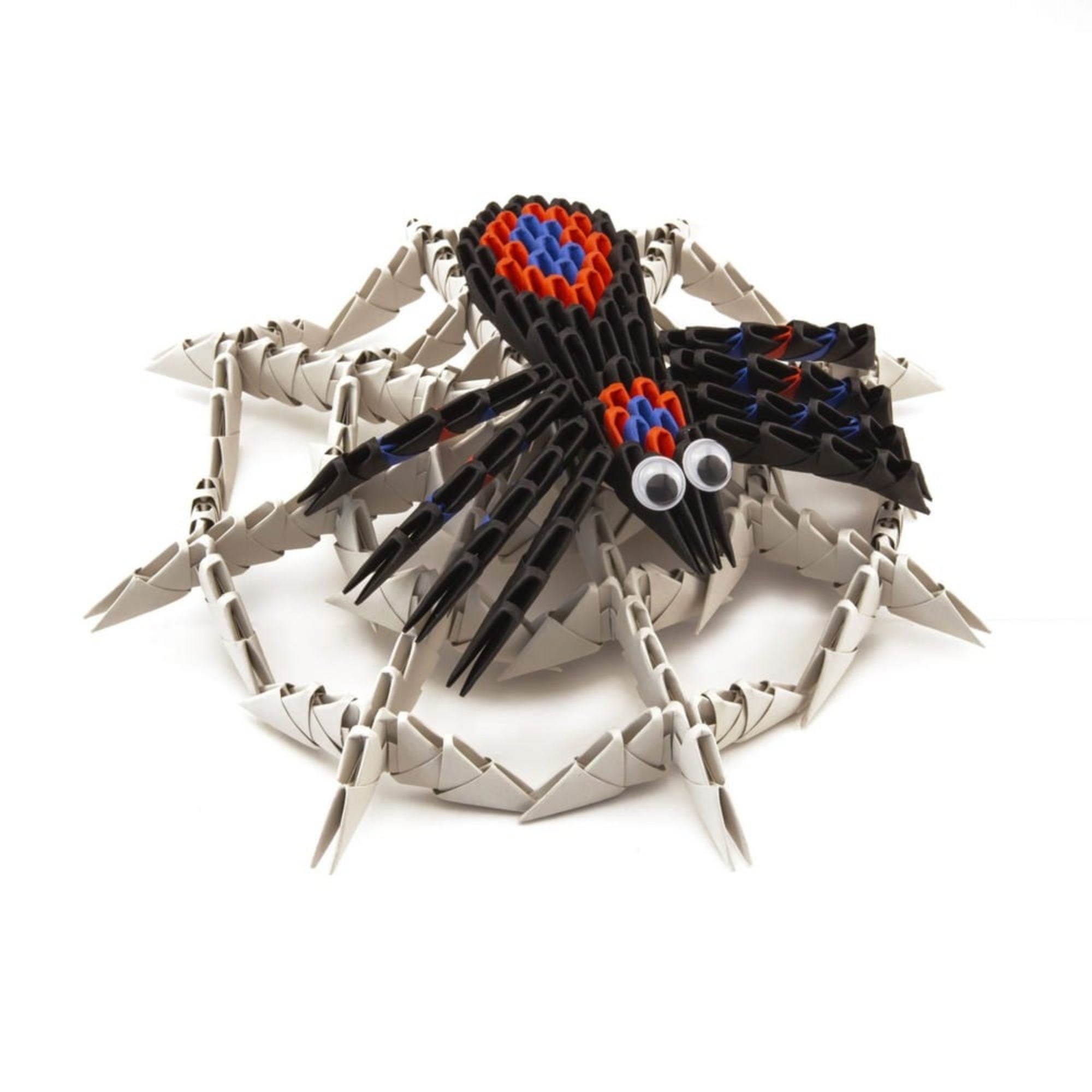 Creagami Origami 3D papírpók figura fekete, piros és kék elemekből, hosszú lábakkal és díszített háttal.