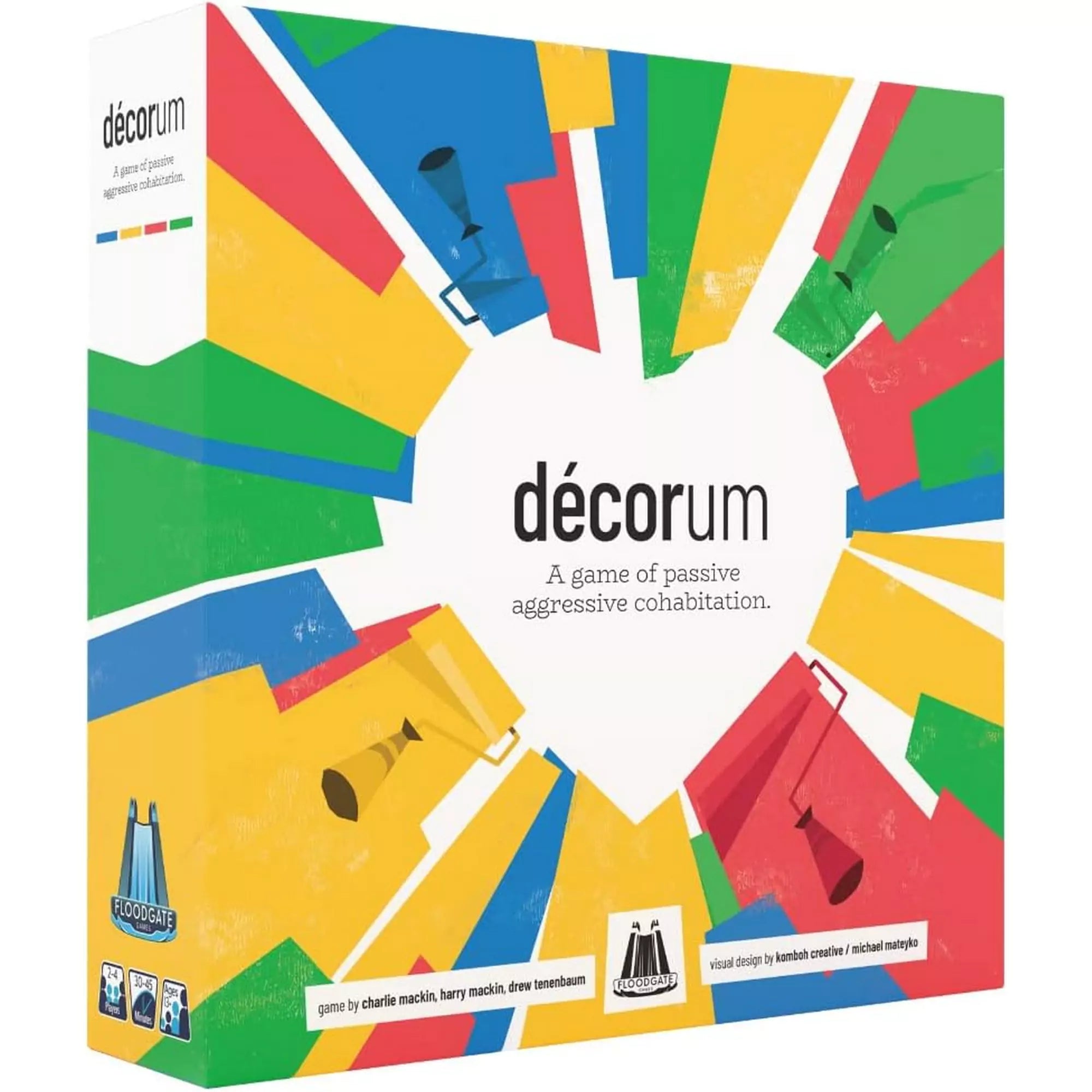 A Décorum társasjáték színes, szív alakban megnyíló fedelű doboza, a borítón a játék szlogenje: „A game of passive aggressive cohabitation”.