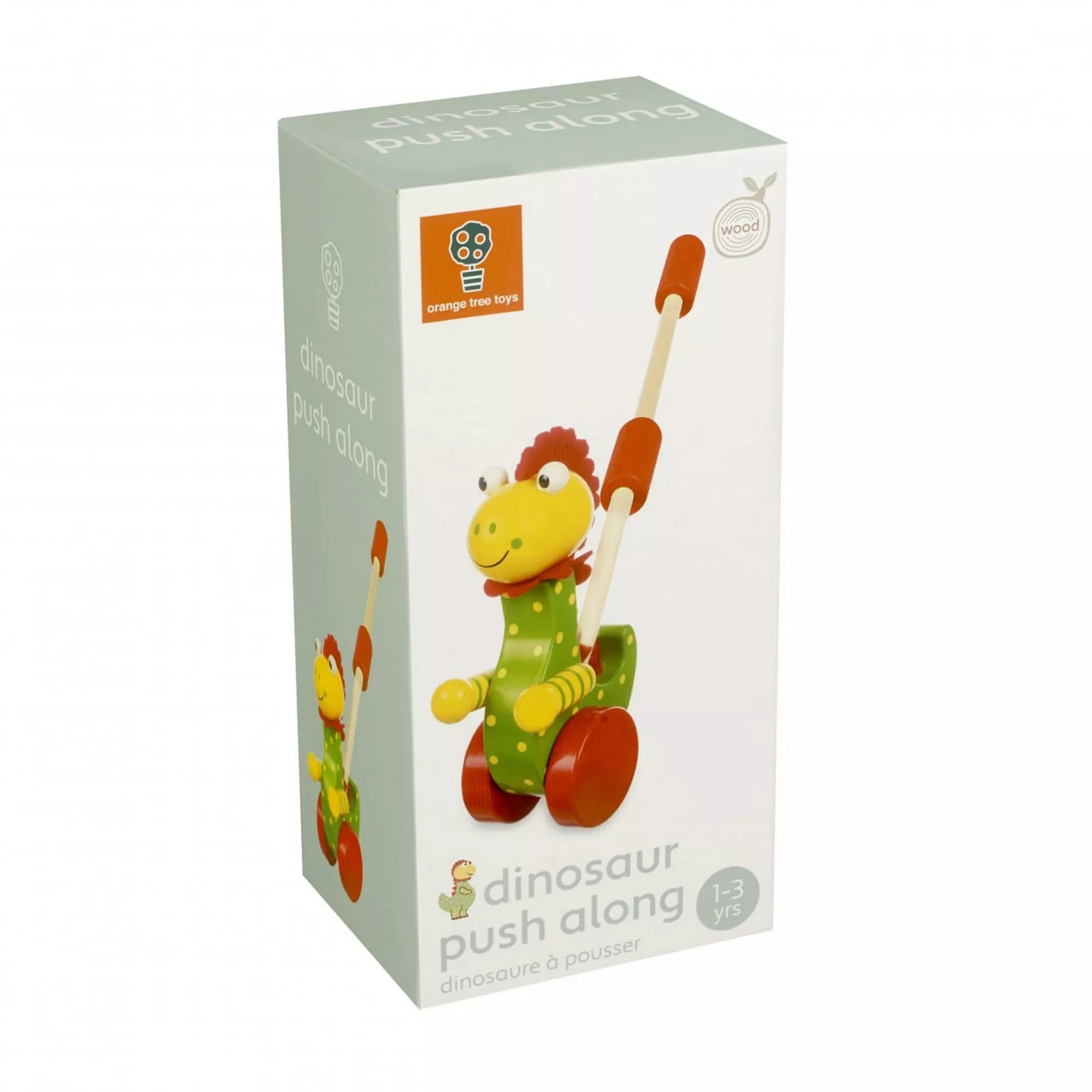 A Dinoszaurusz tolójáték doboza az Orange Tree Toys márkától, rajta a vidám, zöld színű, pöttyös fa dinoszaurusz figura képe, piros kerekekkel és fa nyéllel.