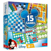 A Trefl Disney 15 az 1-ben társasjáték színes doboza, középen a „15 Games” felirattal Mickey egér fejformájú ikonban. A dobozon Disney hősök – mint Ariel, Aladdin és Mickey – díszítik a különböző játéktáblákat.