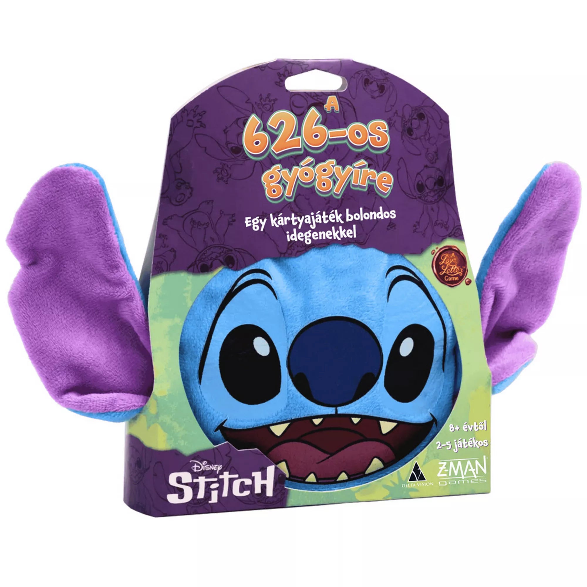 Disney Stitch: A 626-os gyógyíre – Egy Szerelmes Levél kártyajáték doboza, Stitch nagy mosolygó arcképével, lila színvilágban, puha fülrészletekkel, 2–5 játékos számára.