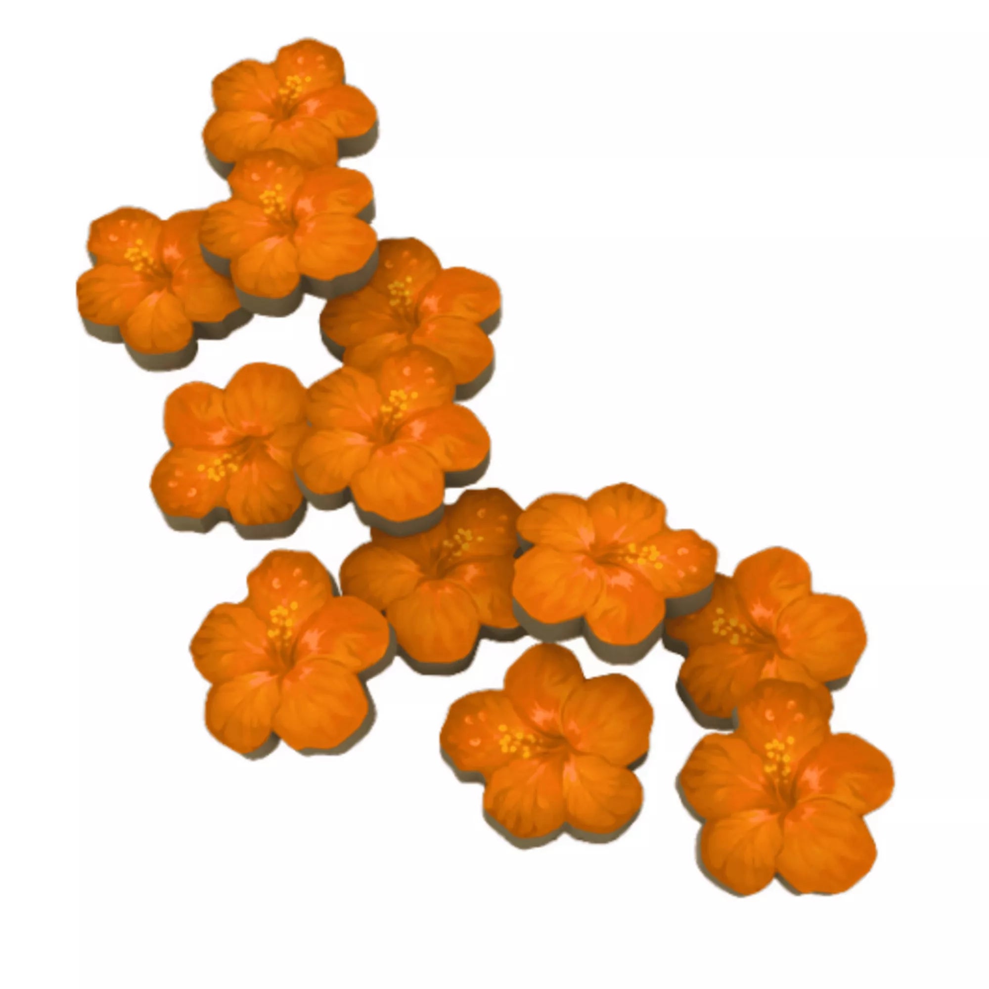 Disney Stitch: A 626-os gyógyíre társasjáték narancssárga virág alakú jelölői, pont- vagy jutalomjelzőként használható elemek fehér háttéren.