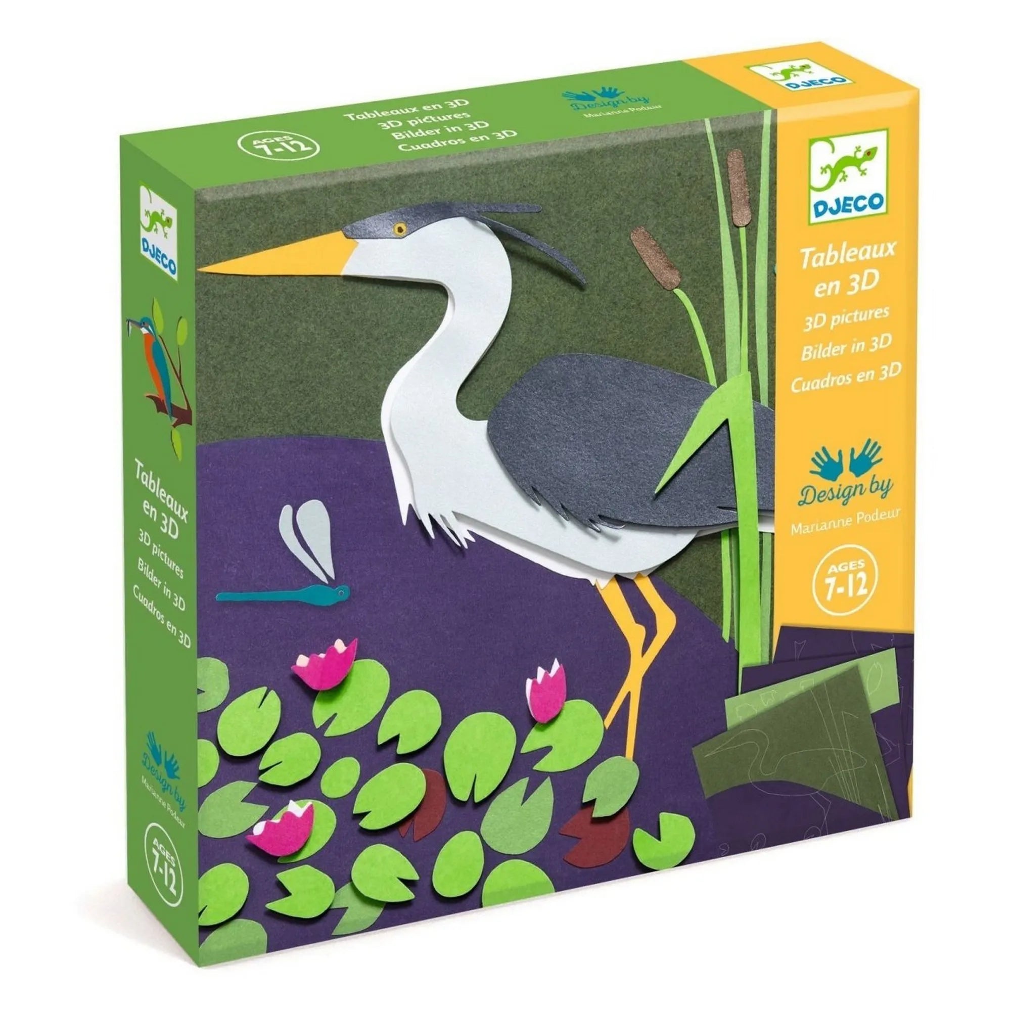 A Djeco 3D papírkép készítő szett doboza – gémes illusztrációval és 7–12 éves korosztály ajánlással.