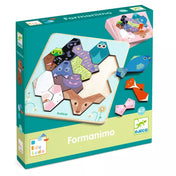 A Djeco Állati logika! Fejlesztő játék doboza, amelyen színes, geometriai formákból összeállított állatok láthatók. A csomag az Edu Ludo sorozat része, 4–7 éves gyerekek számára ajánlott. A doboz előlapja bemutatja a fa alapot és az állatfigurákból kirakható mintákat.
