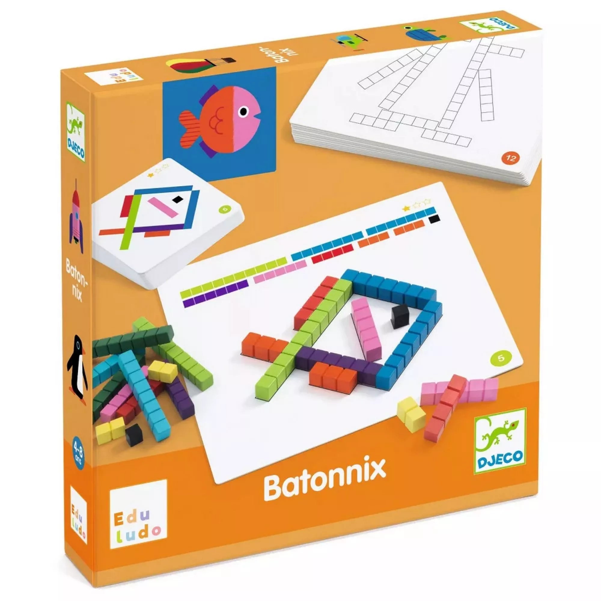Djeco Batonnix! Játék a mérőrudakkal doboza – Narancssárga csomagolású oktatójáték, amely színes fa mérőrudakat és illusztrált kártyákat tartalmaz formák építéséhez.