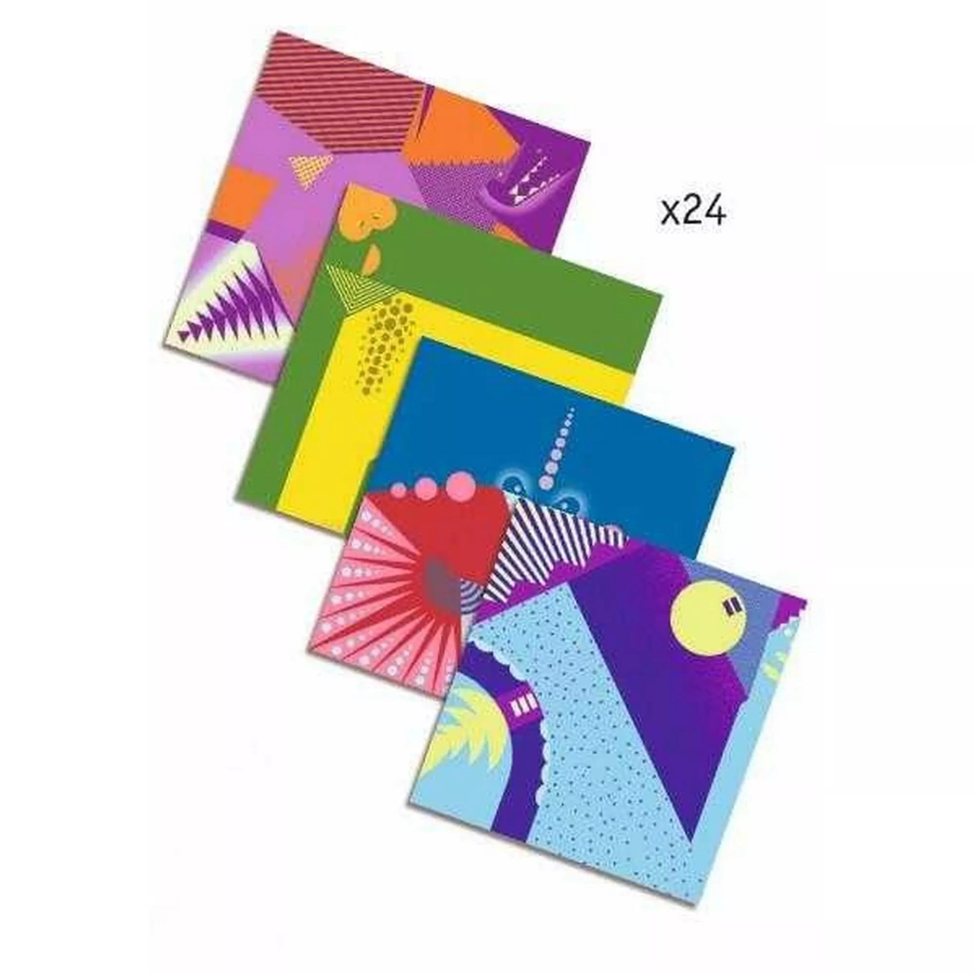 „A Djeco Dinoszauruszok origami készletben található 24 darab színes, mintás origamipapír: élénk lila, zöld, kék és türkiz geometrikus és dinoszaurusz-tematikájú grafikákkal.”