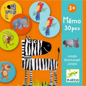Djeco Dzsungel állatok memóriajáték közelről – zebra, papagáj, elefánt és majom mintás korongok vidám narancssárga háttéren, 3 éves kortól ajánlott fejlesztő játék.