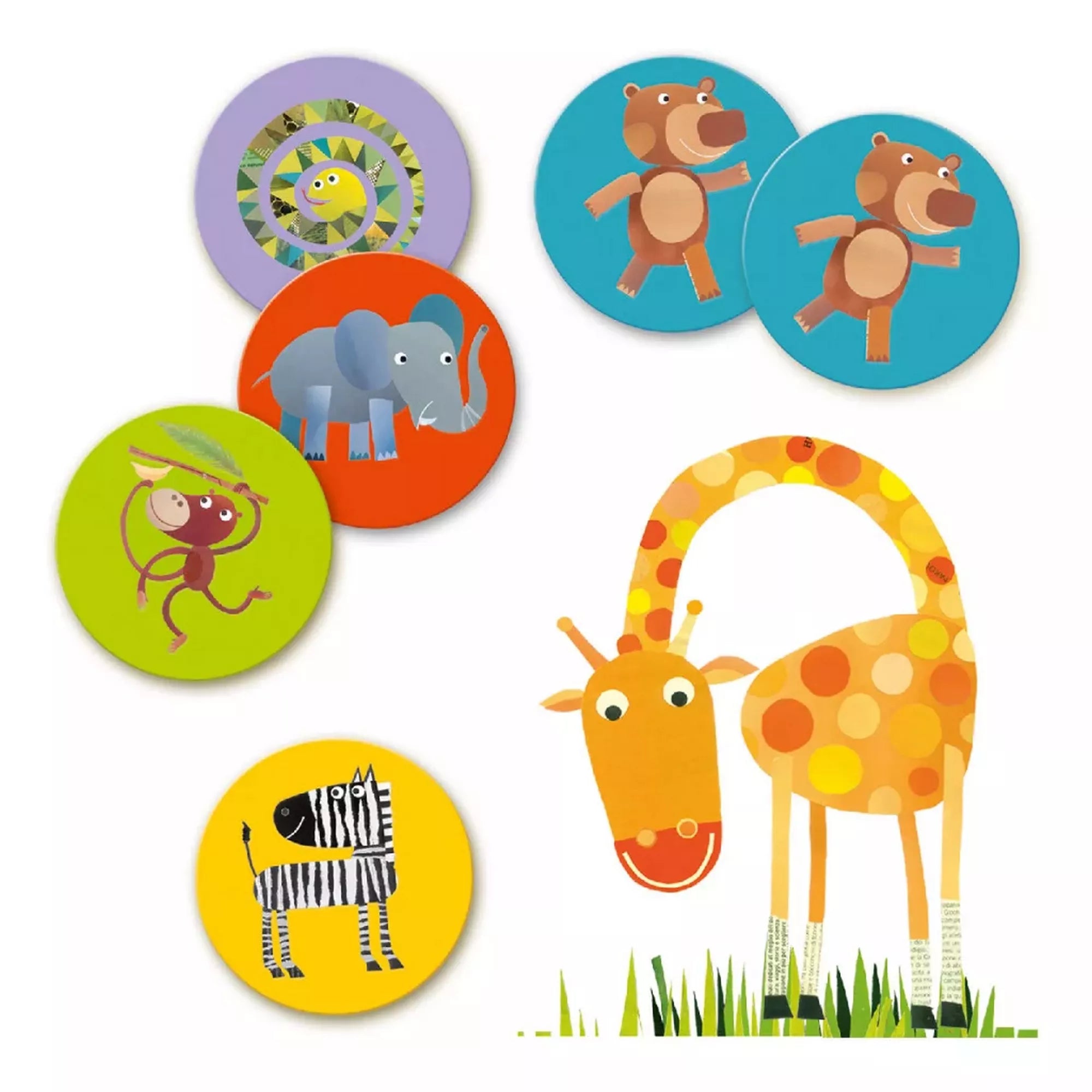 Djeco Dzsungel állatok memóriajáték korongjai – különböző színű lapok kedves állatfigurákkal, mint a zebra, elefánt, majom, medve és zsiráf illusztrációval.