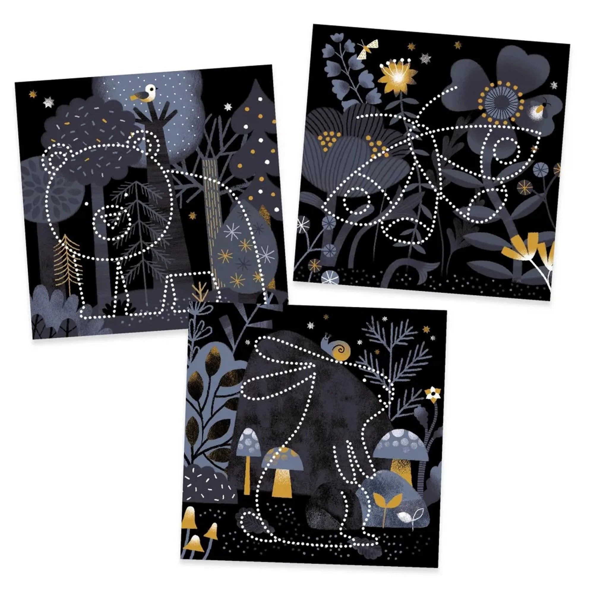 Djeco Éjszakai állatok, képalkotás lyukasztással – három sötét tónusú, erdei hangulatú alkotólap pontozott állatkontúrokkal és arany díszítésekkel.