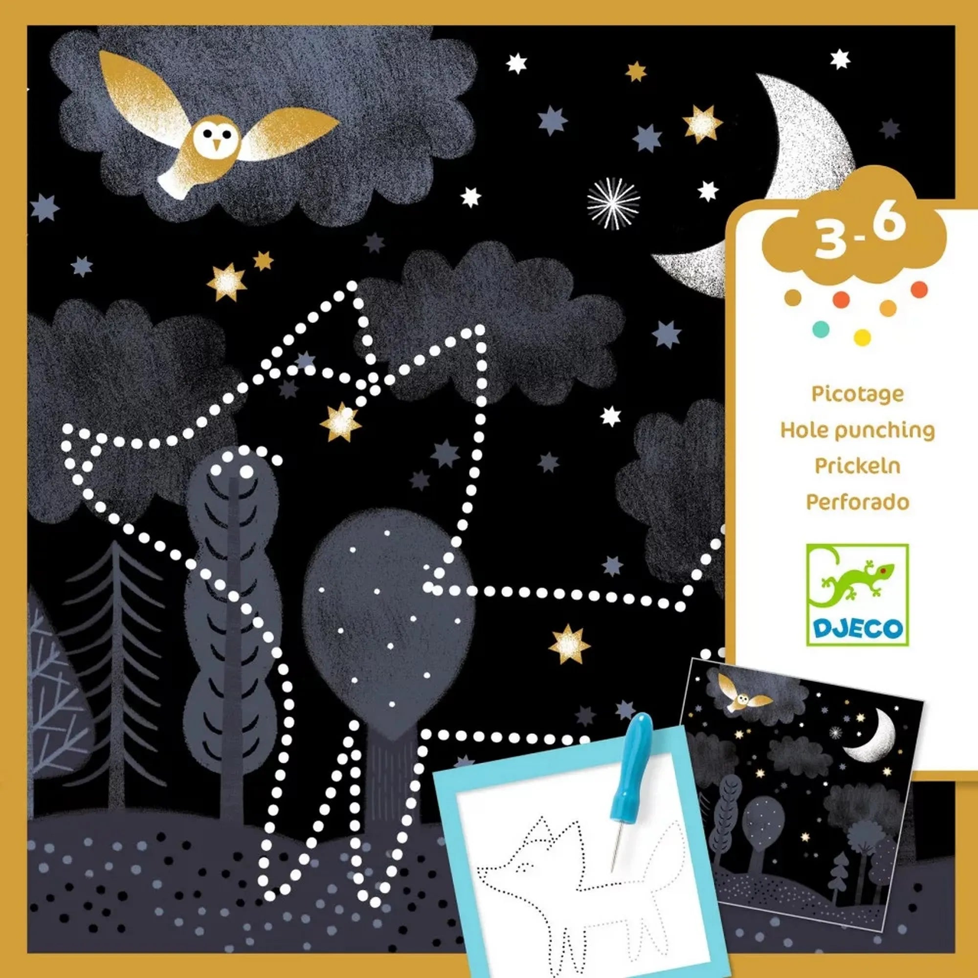 Djeco Éjszakai állatok, képalkotás lyukasztással – a készlet doboza éjszakai erdővel, csillagokkal és lyukasztással követhető rókaformával.
