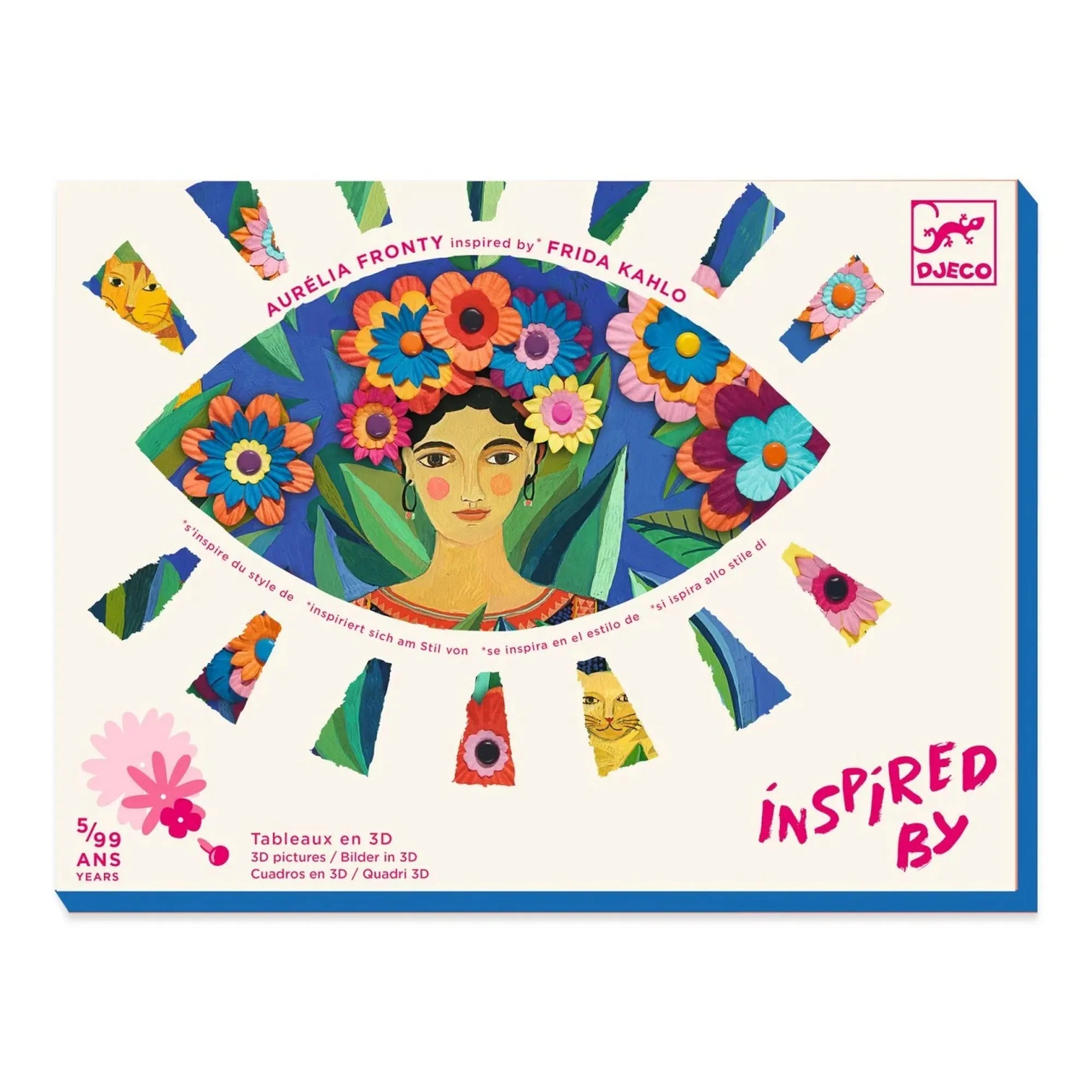 Set creativ Inspired by Frida Kahlo Djeco kreatív készlet doboza, Frida Kahlo stílusában készült női portréval és térbeli papírvirág dekorációval