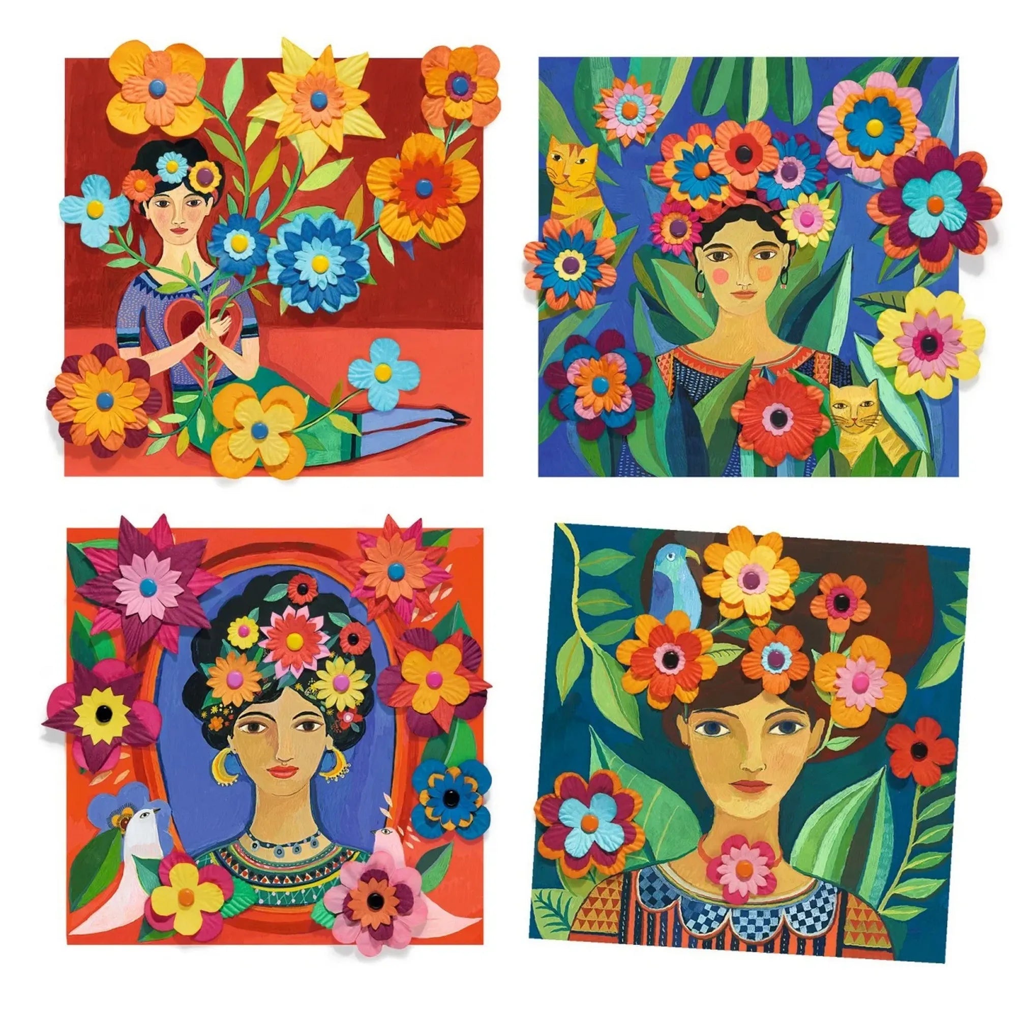 Set creativ Inspired by Frida Kahlo készlet négy elkészült 3D képével, Frida Kahlo ihlette portrékkal és színes papírvirágokkal díszítve