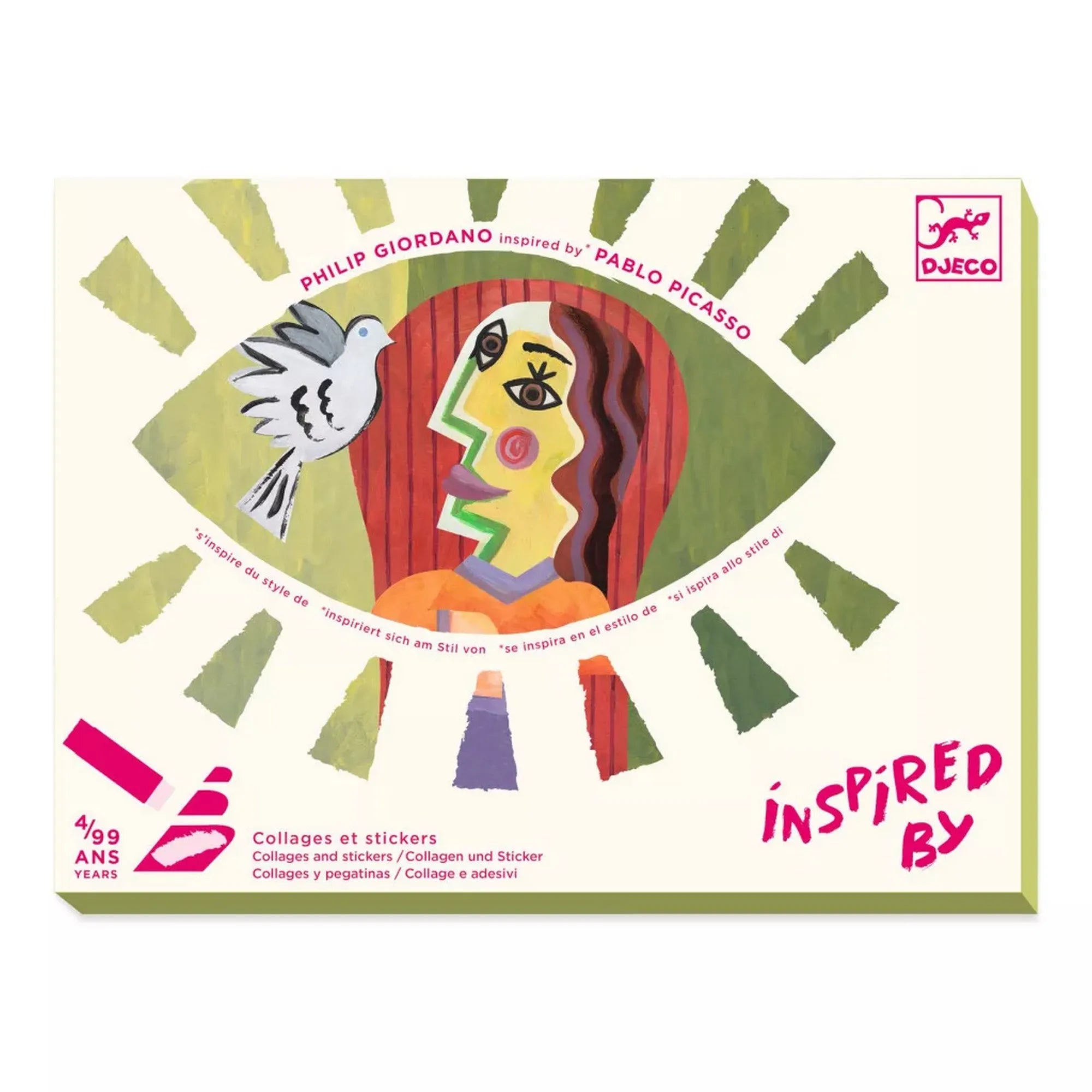 Atelier creativ Cap pătrat Inspired by Picasso Djeco kreatív készlet doboza, kubista stílusú portréval és Pablo Picasso által inspirált grafikával